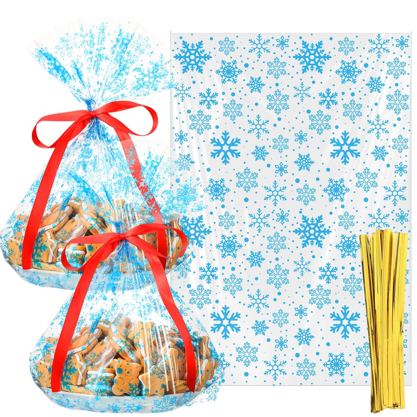Meanplan 50 Pcs Winter Snowflakes Cellophane Cookie Tray Bags 15" x 17" Snowflake Cookie Tray Bags with Twist Ties and Red Ribbon Treats Gift Wrap for Winter Holiday Party Favors Supplies