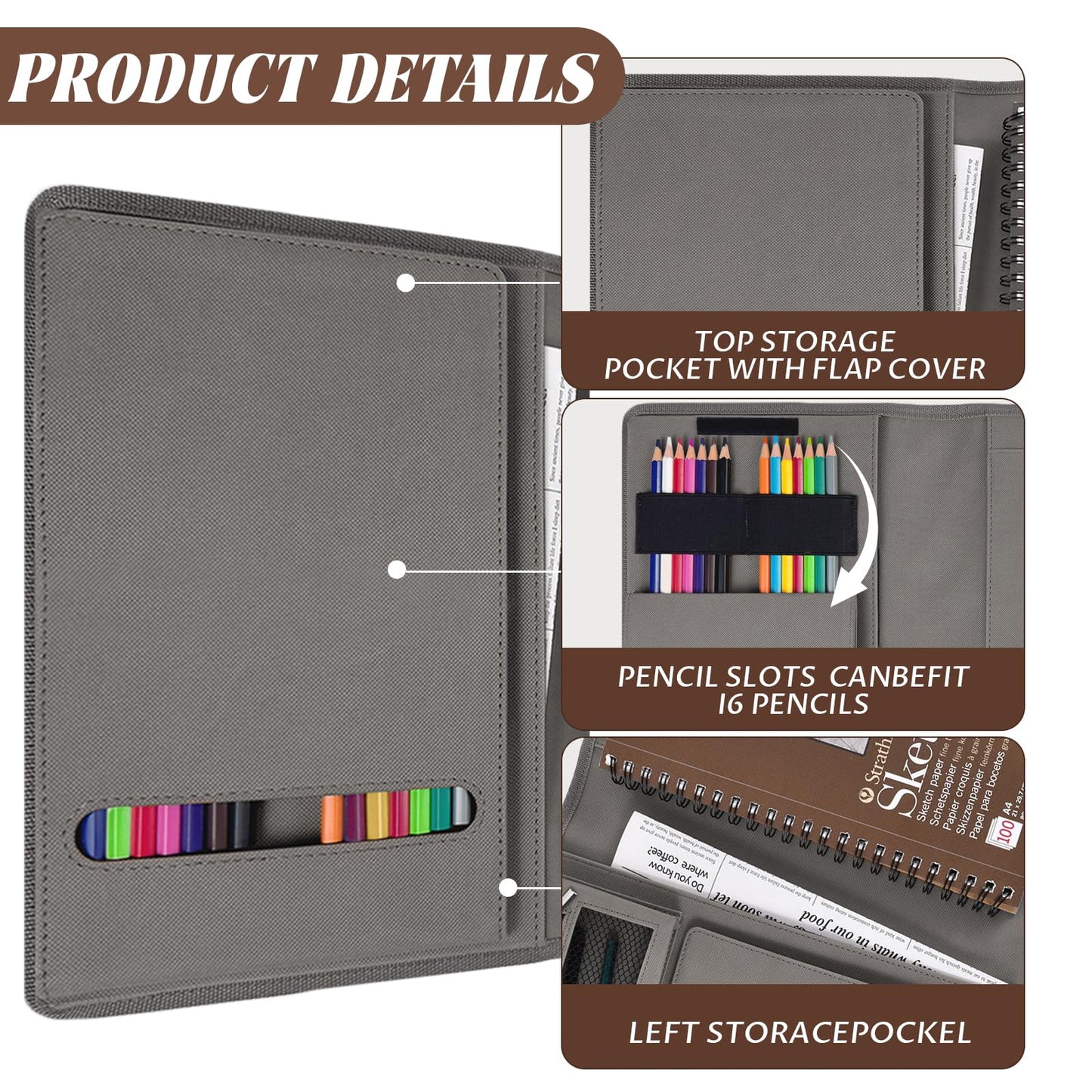 Plinyvel Travel Sketch Case & Cover: Leather Organizer Fits 5.5x8.5 Sketch Book & Spiral Pad | All-in-One Art Kit with Pencil Holder | Compact for Artists, Beginners & Travel (Gray)