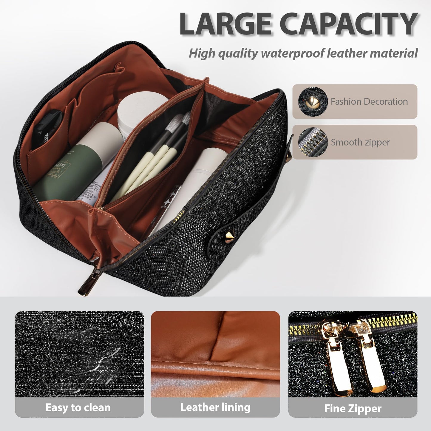 JeeVoya Makeup Bag for Women Large Capacity, Waterproof Travel Cosmetic Bag PU Leather Makeup Organizer with Dividers, Portable Toiletry Bag with Handle (Black)