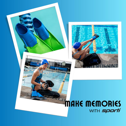 Sporti Adult-Kids Short Swim Fins, Floating Fin for Swimming & Snorkeling, Swim Flippers for Training - Blue/Blue - M 13-14 / W 14-15