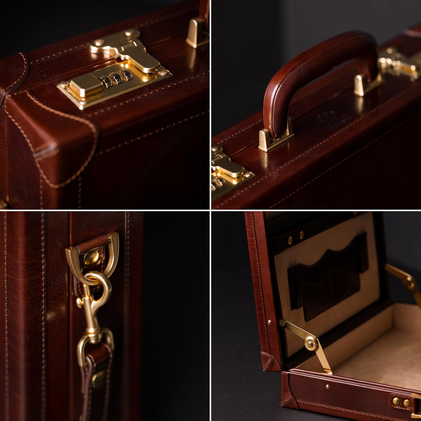 Time Resistance Leather Attache Case - Full Grain Italian Leather Briefcase - Laptop Bag up to 15” - Hard Case with Lock (Brown)