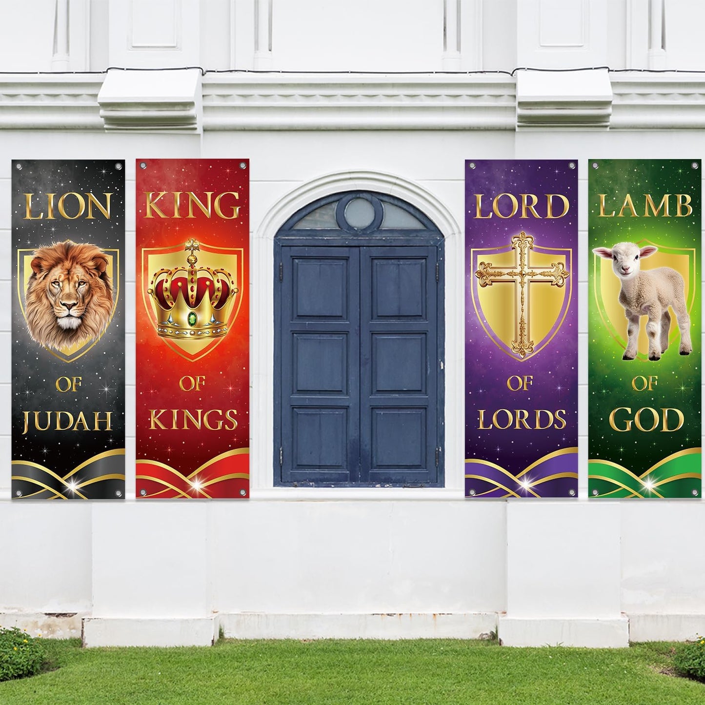 4Pcs Church Banners for Sanctuary Wall Welcome Religious Christmas Banners Hanging Backdrop Lion King Lord Lamb Church Banner Scripture Christmas Porch Signs for Holiday Church School Nativity Decor