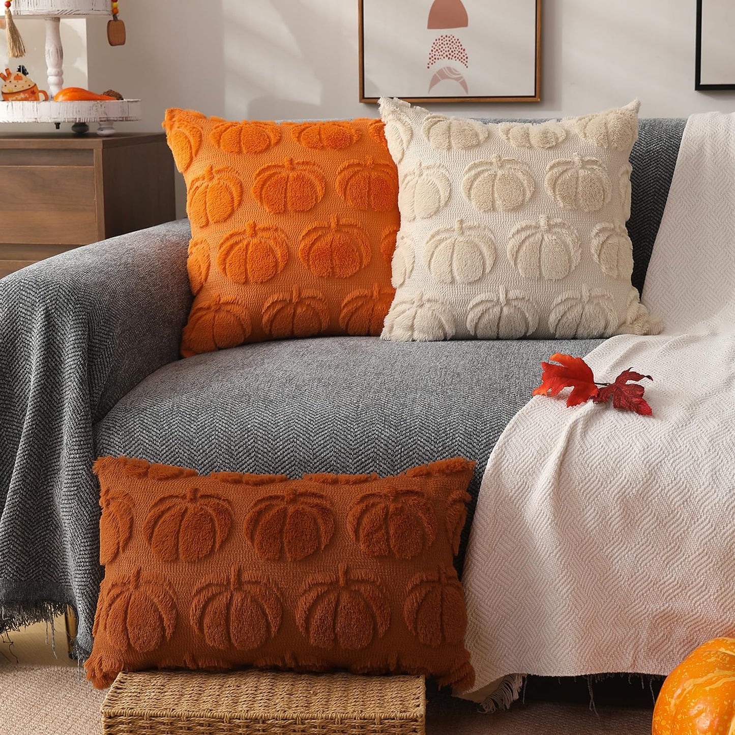 DFXSZ Fall Pillow Covers 18x18 Set of 2 Fall Decorations Autumn Beige Pumpkin Throw Pillow Cases Soft Plush Faux Fur Wool Couch Cushion Case for Chair Sofa Bedroom Living Room Home Decor PTK012B18