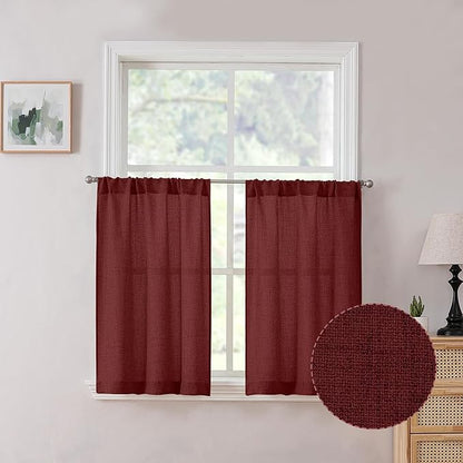 Tollpiz Short Linen Tier Curtains Rod Pocket Semi Sheer Half Kitchen Curtain Burlap Light Filtering Thick Linen Drapes for Bathroom, 30 x 24 inches Long, Burgundy Red, Set of 2 Panels