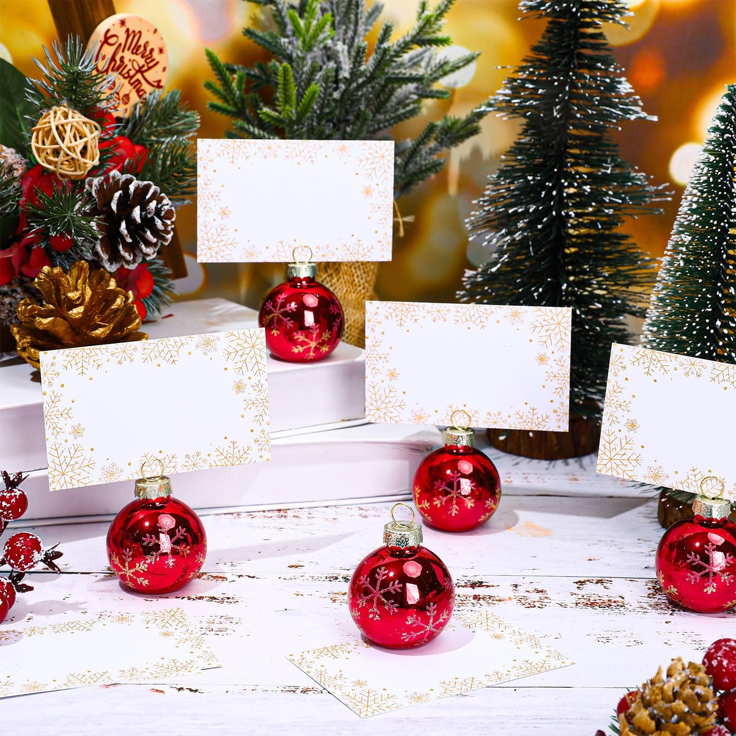 Whaline 12 Packs Christmas Gold Snowflake Ornament Place Card Holders with Name Cards Xmas Red Ball Seat Label Card Holders for Winter Wedding Holiday Table Sign