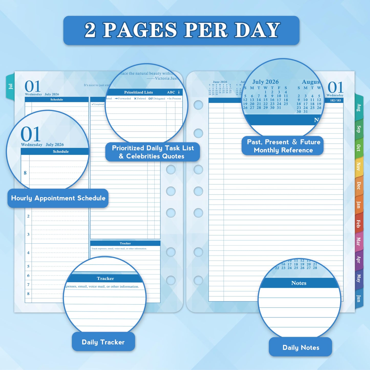 2026-2027 Planner Refills – Jul 2026 - Jun 2027, Two Pages Per Day Daily ＆ Monthly Planner 2026-2027, 5.5" x 8.4" Ring-Bound Organizer, Tabs, Quotes, Prioritized Task, Daily Tracker/Notes, Appointment Schedule