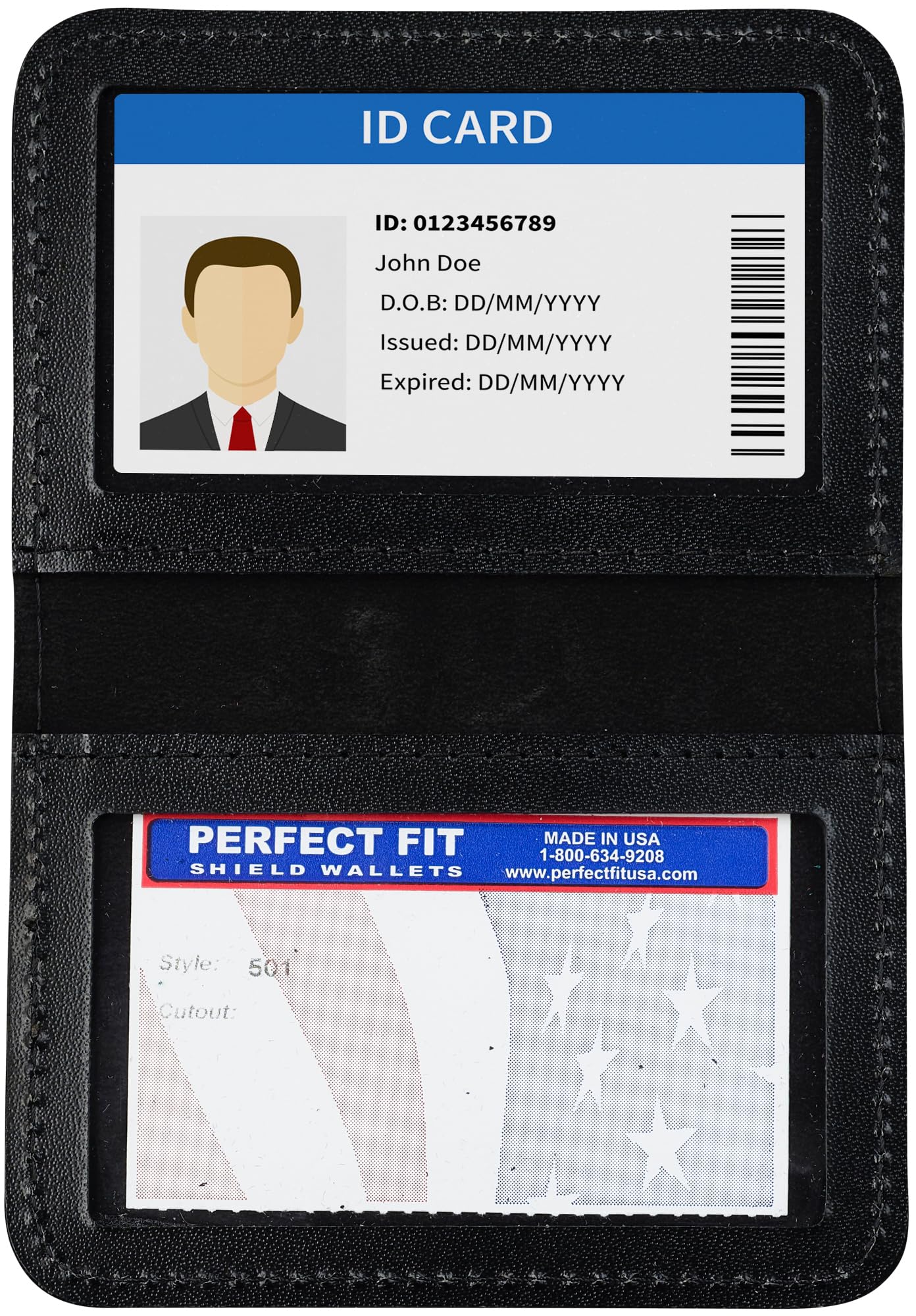Perfect Fit Shield Wallets 2 ID Leather License Holder Bifold Double I.D. Credit Card Gun Permit Standard Card Size Slim Wallet (Black)