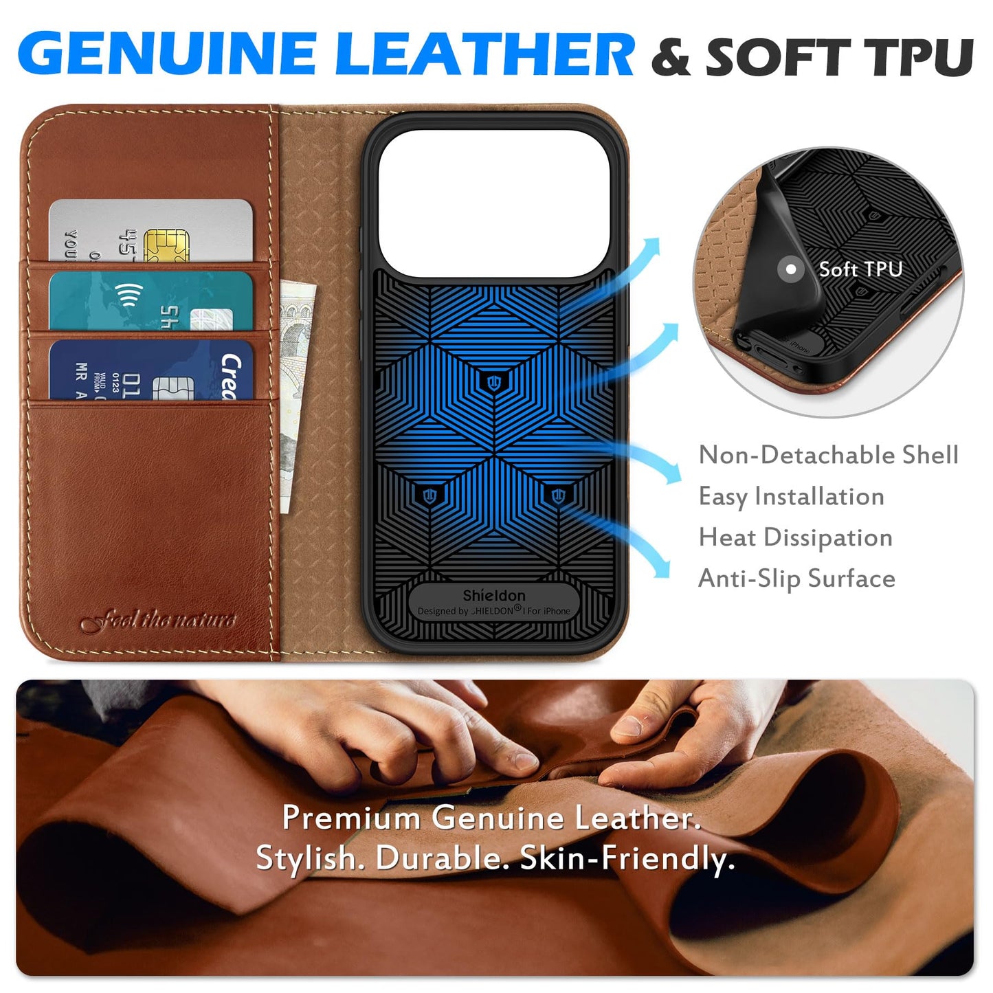 SHIELDON Genuine Leather Wallet Case for iPhone 17 Pro 6.3" 2025 | Flip Cover | Magnetic Closure | RFID Blocking Credit Card Holder | Kickstand | Shockproof Phone Cover | Retro Brown