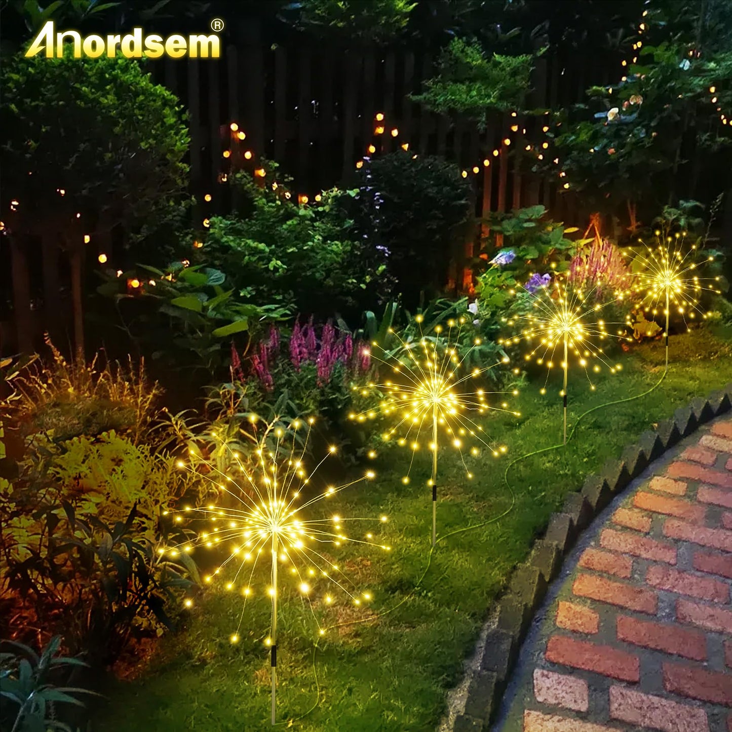 Anordsem Solar Lights Outdoor Waterproof: 2 Pack Garden Light - Bendable Copper Wire with 120 LED Firework Beads - DIY Warm Fun Decoration for Yard Patio - Twinkle Sparkler Gifts for Women Wife