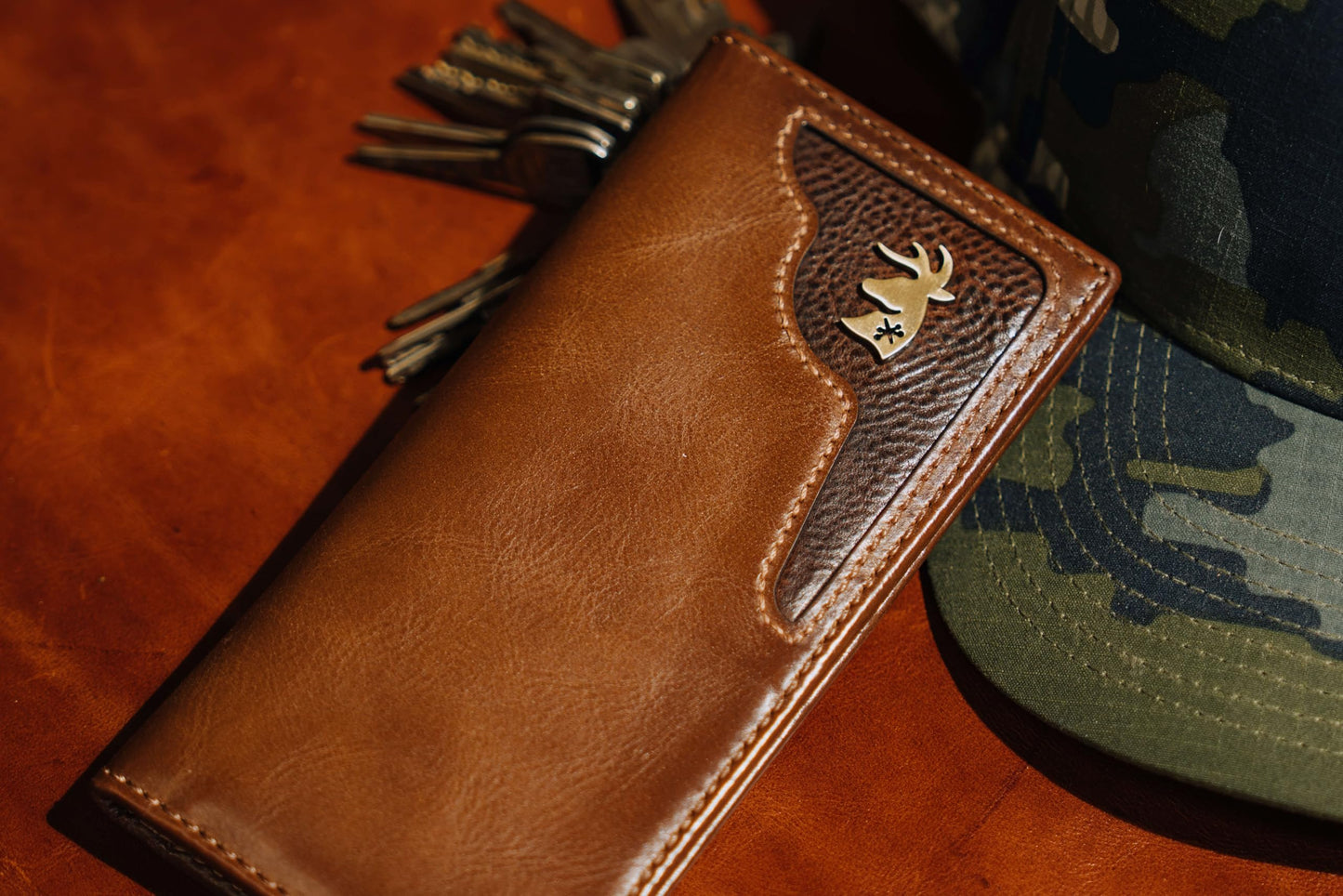 House of Jack Co. Deer Ornament Long Bifold Wallet for Men, Full Grain Cowhide Leather Rodeo Wallet, Hunting & Outdoorsman Tall Wallet, Brown