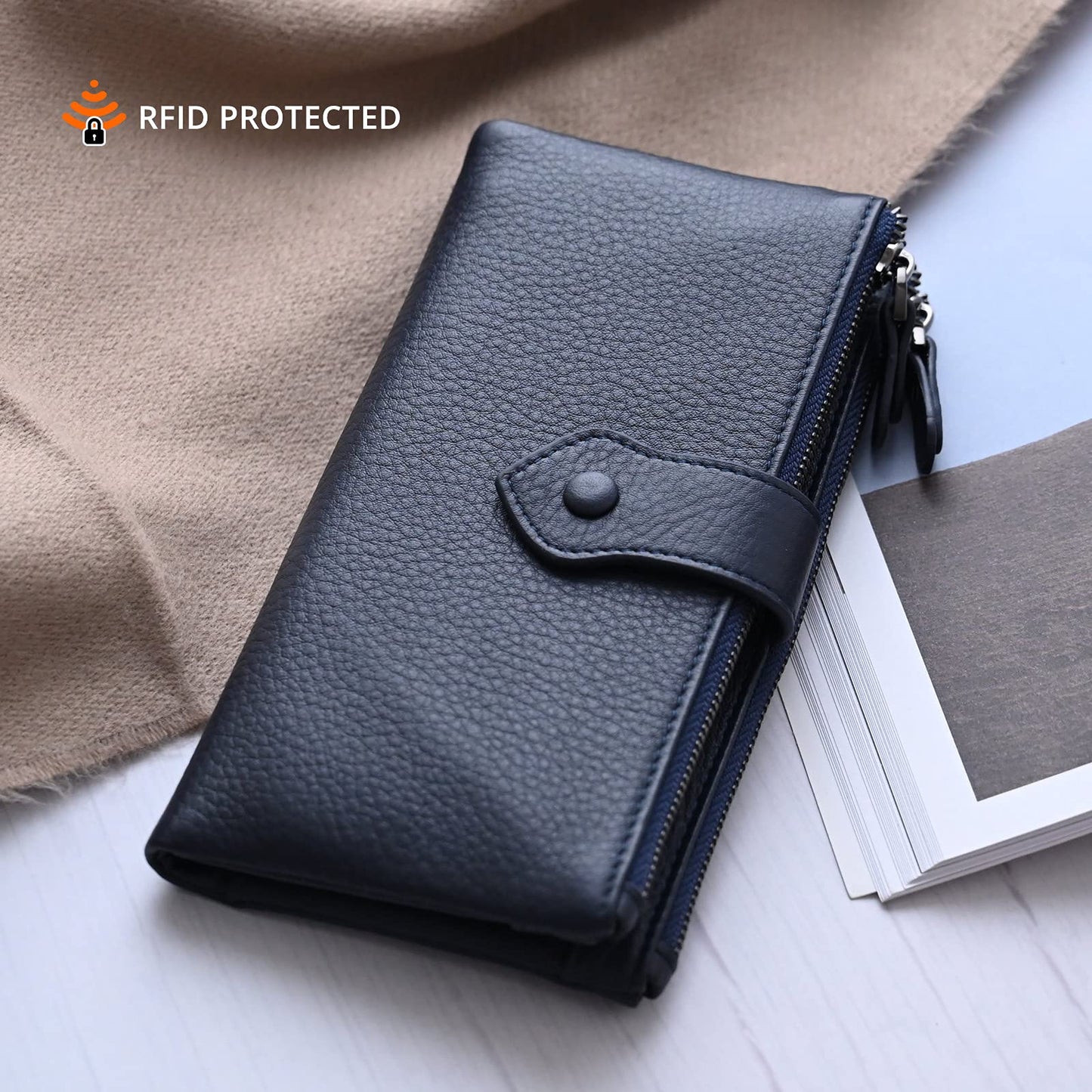 Bveyzi Women Soft Leather RFID Blocking Bifold Slim Wallets Ladies Credit Card Holder Double Zipper Pocket(Deep Blue)