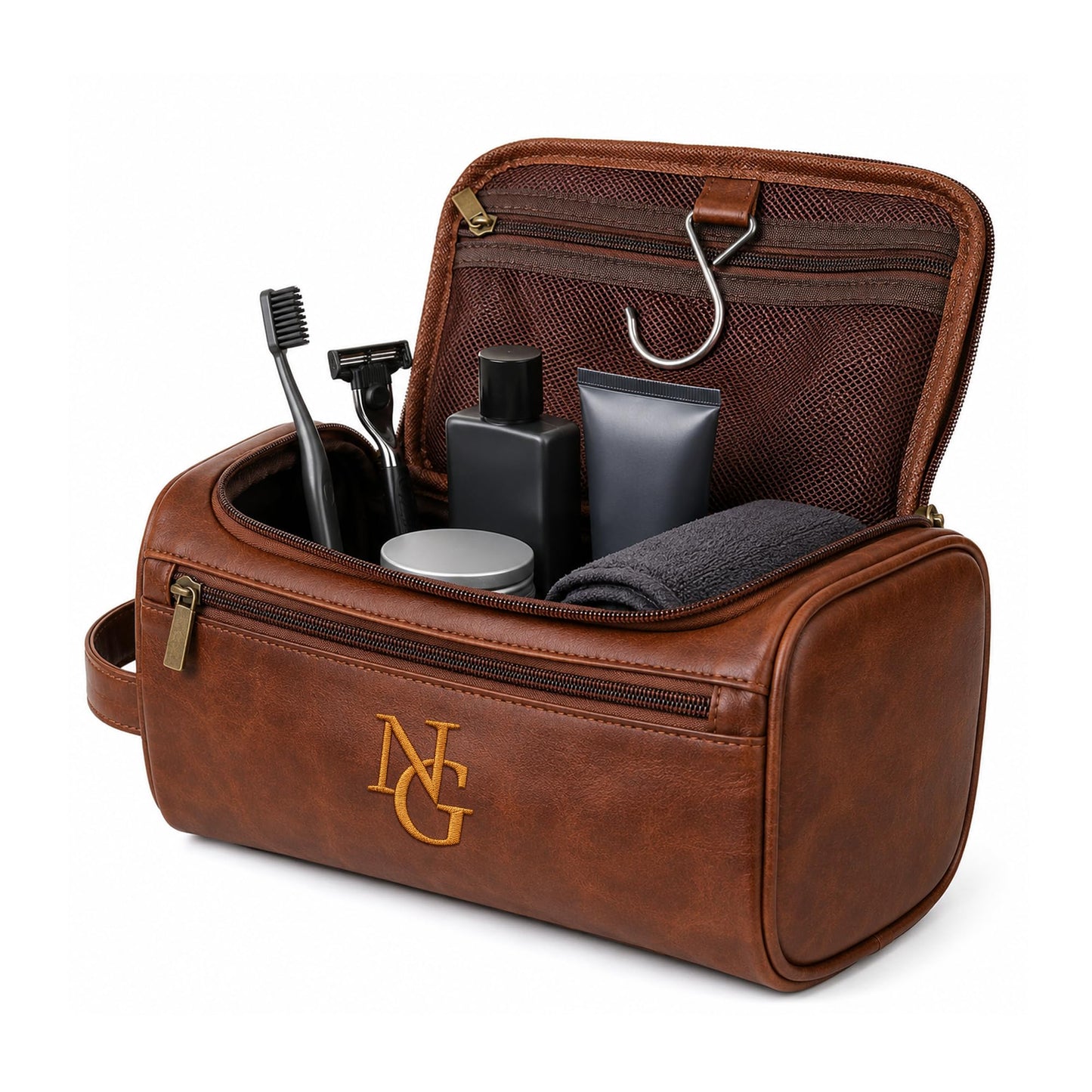 Personalized Toiletry Bag for Dad, Custom Embroidery with Name Letter PU Leather Waterproof Toiletry Organizer Dopp Kit Travel Essential for Dad Husband Grandpa Father's Day Anniversary(Dark Brown)