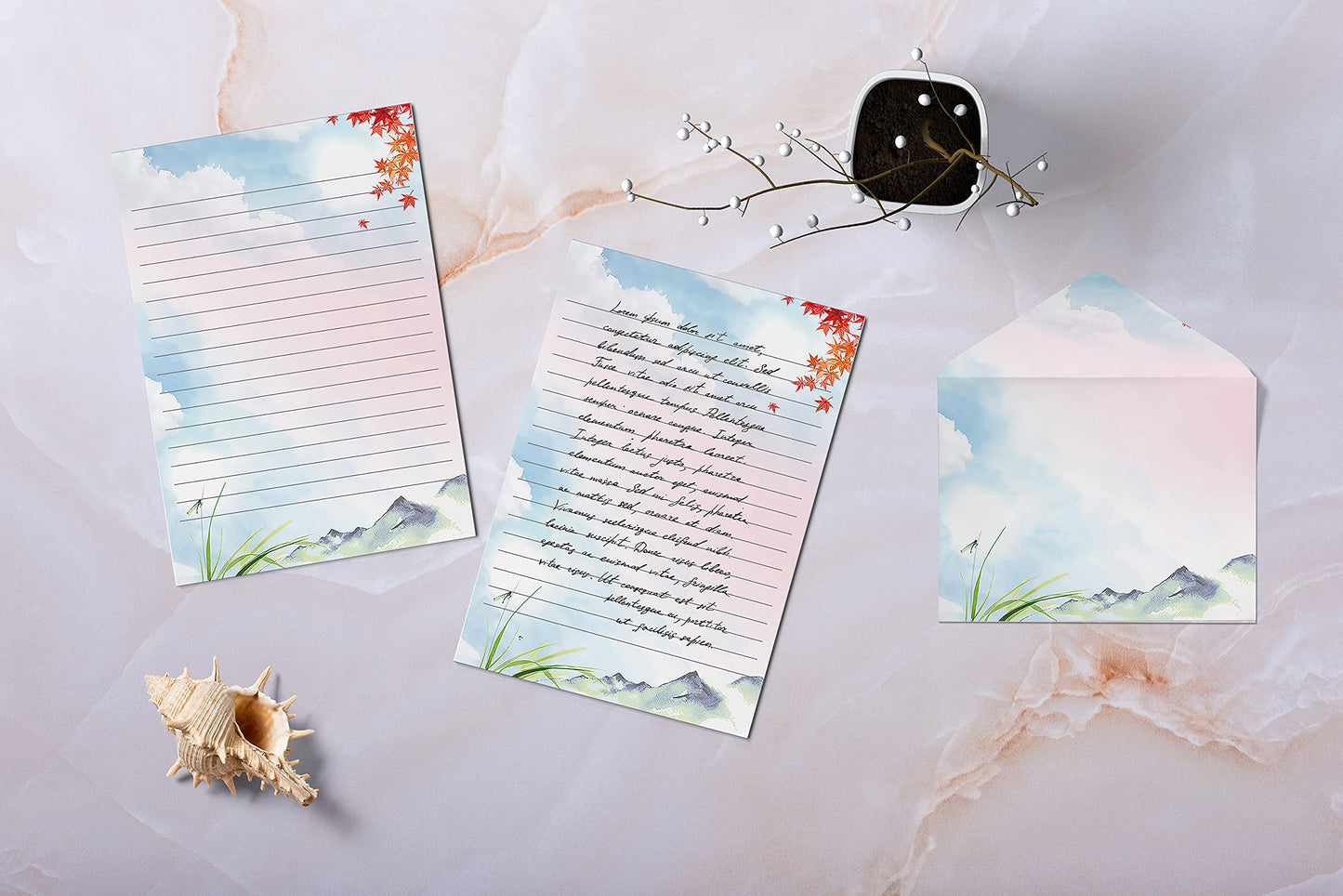 Better Office Products Mini Stationery Set of 100, Japanese Stationery Paper (50 Lined Sheets + 50 Matching Envelopes), 5.5 x 8.25 inch, 9 Designs, Double Sided Printing, One Side Lined Paper,