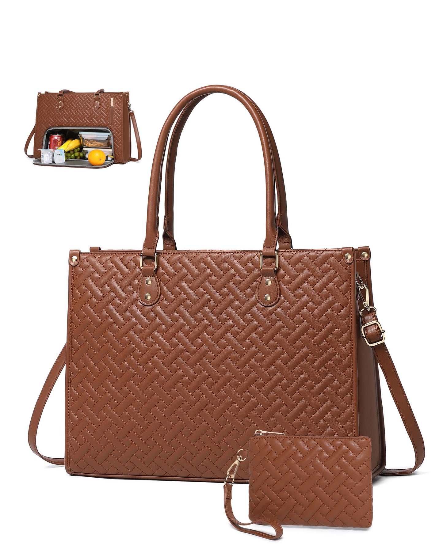 BAVERGE Lunch Tote Bag for Women, Vegan Leather 15.6” Laptop Bag with Insulated Compartment Quilted Purse for Work Teacher Nurse