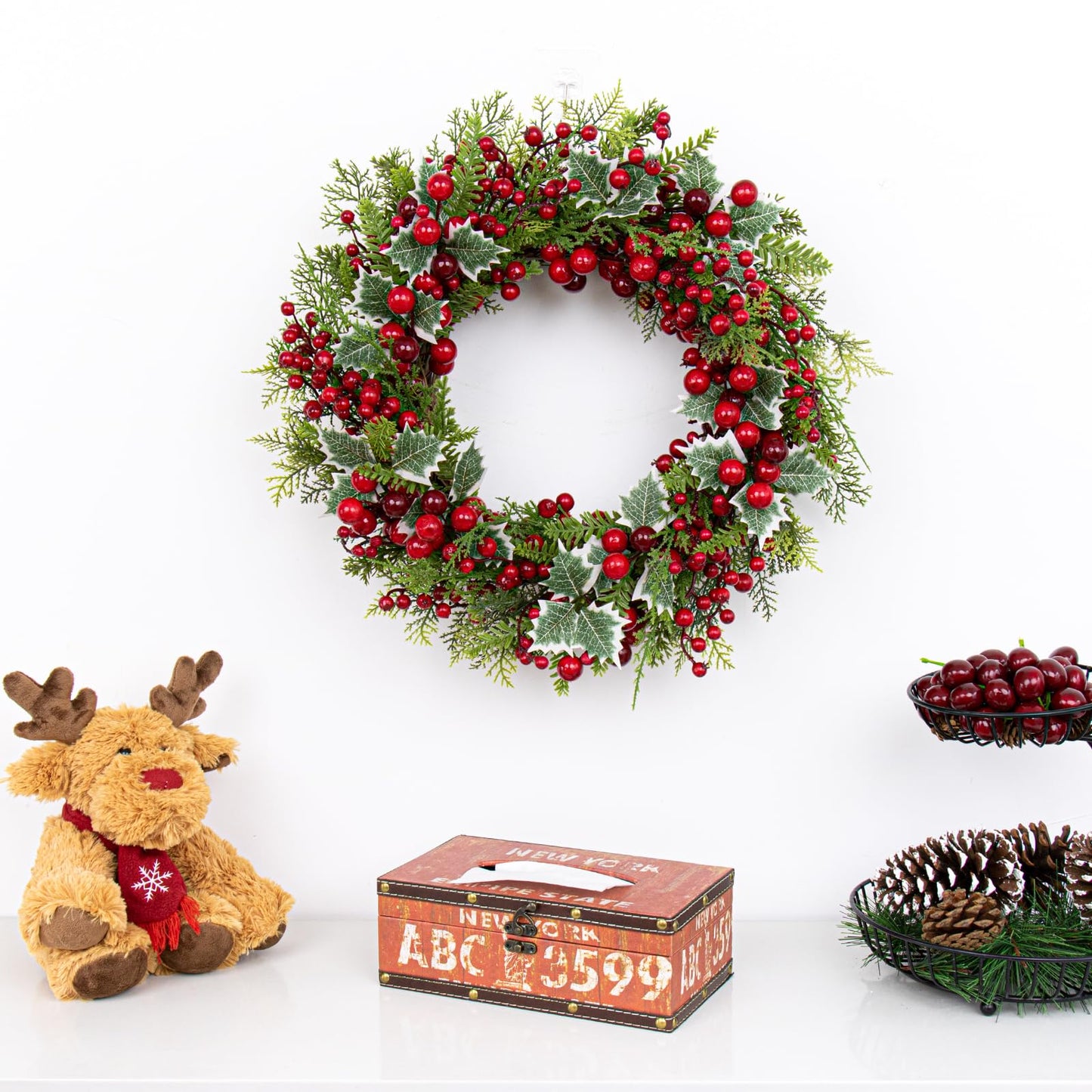 LLZLL Christmas Wreath for Front Door 20 Inch Indoor Christmas Wreaths Artificial Red Berry Wreath with Norfolk Pine and Holly Leaf for Holiday Celebrations