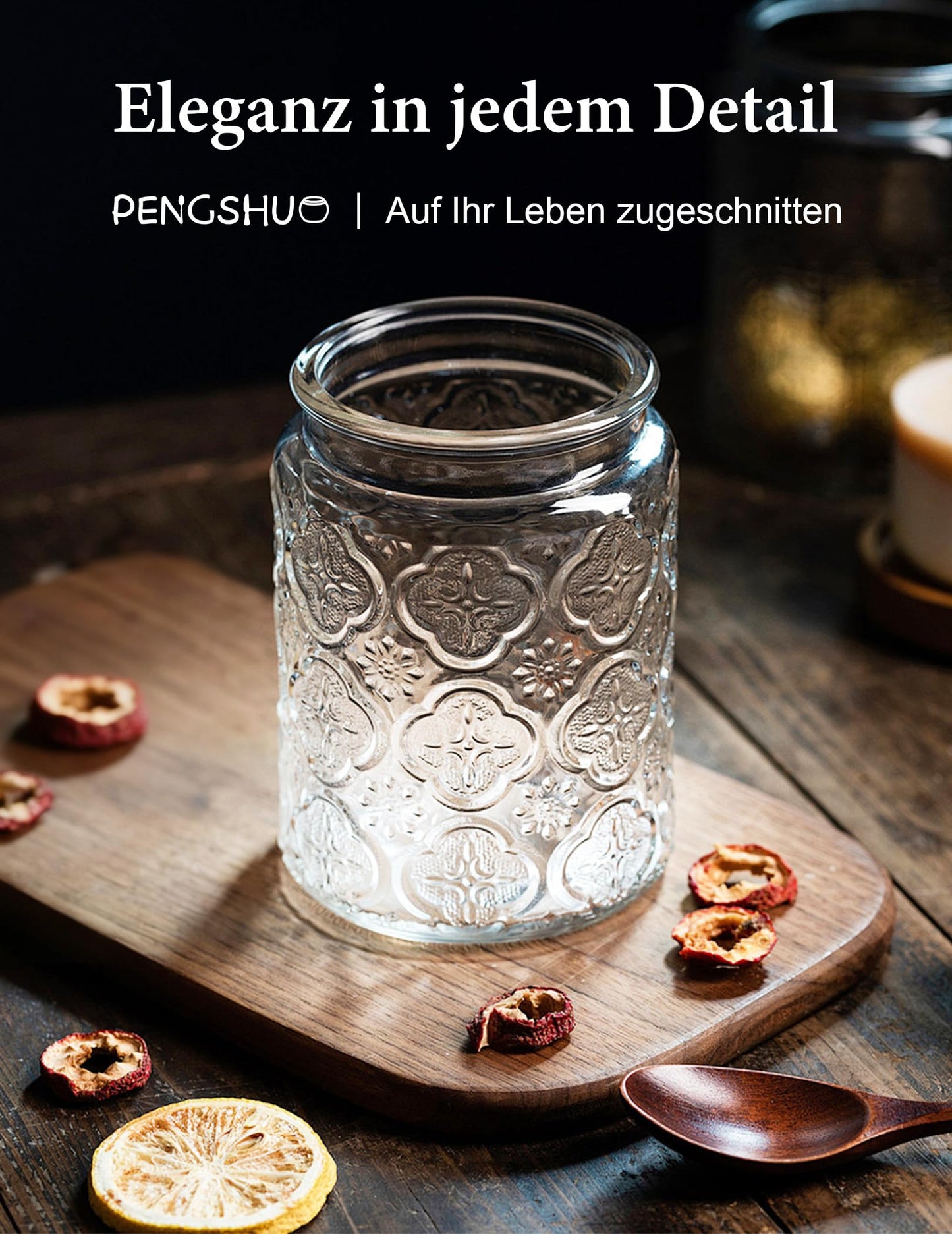 PENGSHU Vintage Glass Jar with Wood Lid - Christmas Airtight Canisters for Kitchen Countertop Bathroom, Storage Candy, Cookie, Coffee, Apothecary, Sugar, Flour,Pet Treat (Begonia, 34oz/1000ml)