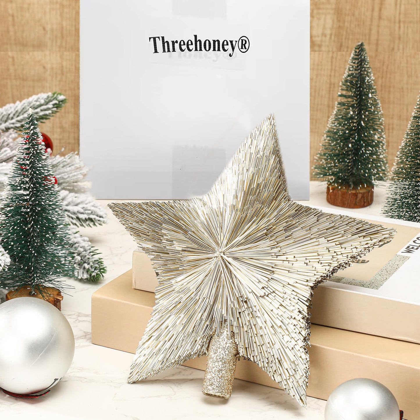 Threehoney 8.3 Inches Christmas Star Tree Topper Glitter Mini Sisal Star for Christmas Small Xmas Tree Top Decoration Ornament for Home Xmas Holiday Gift Decor(Champagne Gold)