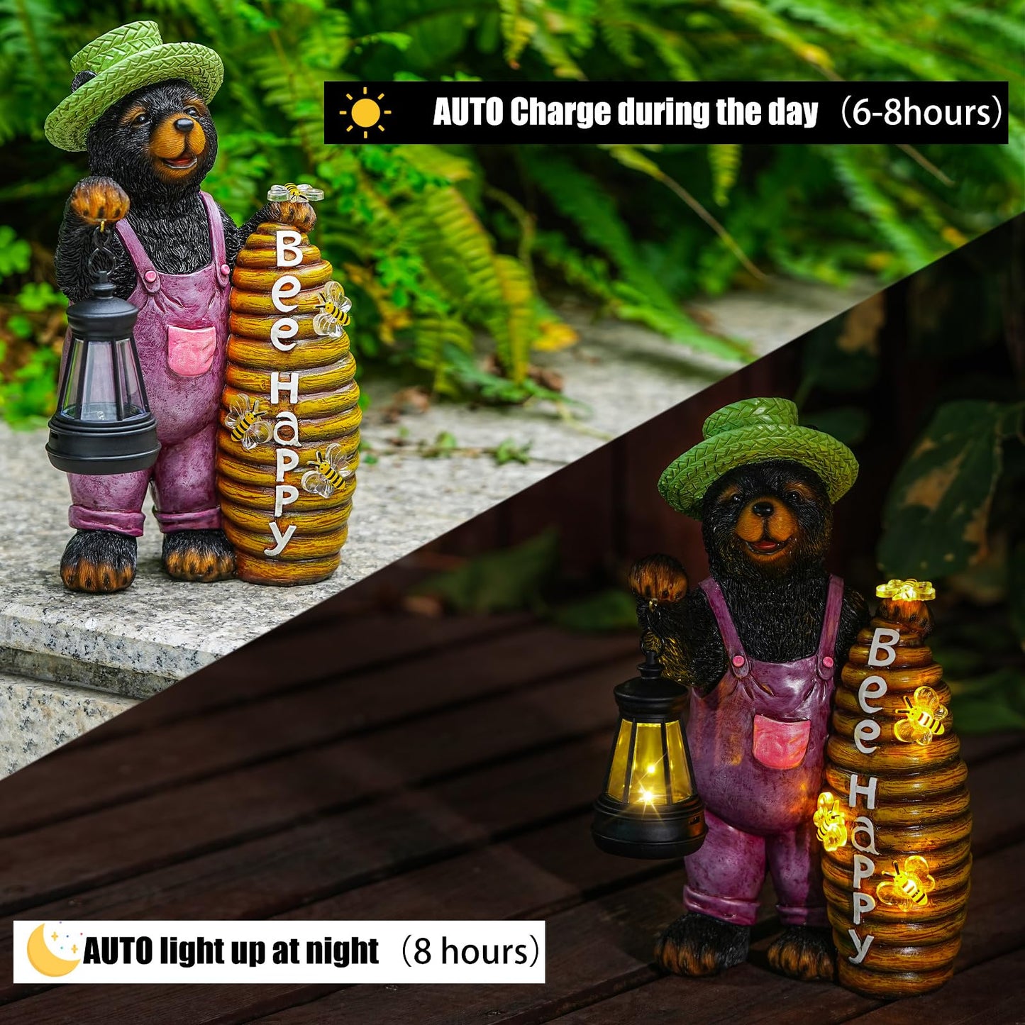 Joint Honglin Solar Black Bear Garden Statue with Lighted Beehive & Lantern, Resin Bear Holding Honey Bee Hive, Outdoor Waterproof Solar Garden Decor, Yard Lawn Patio Porch Farmhouse Decoration