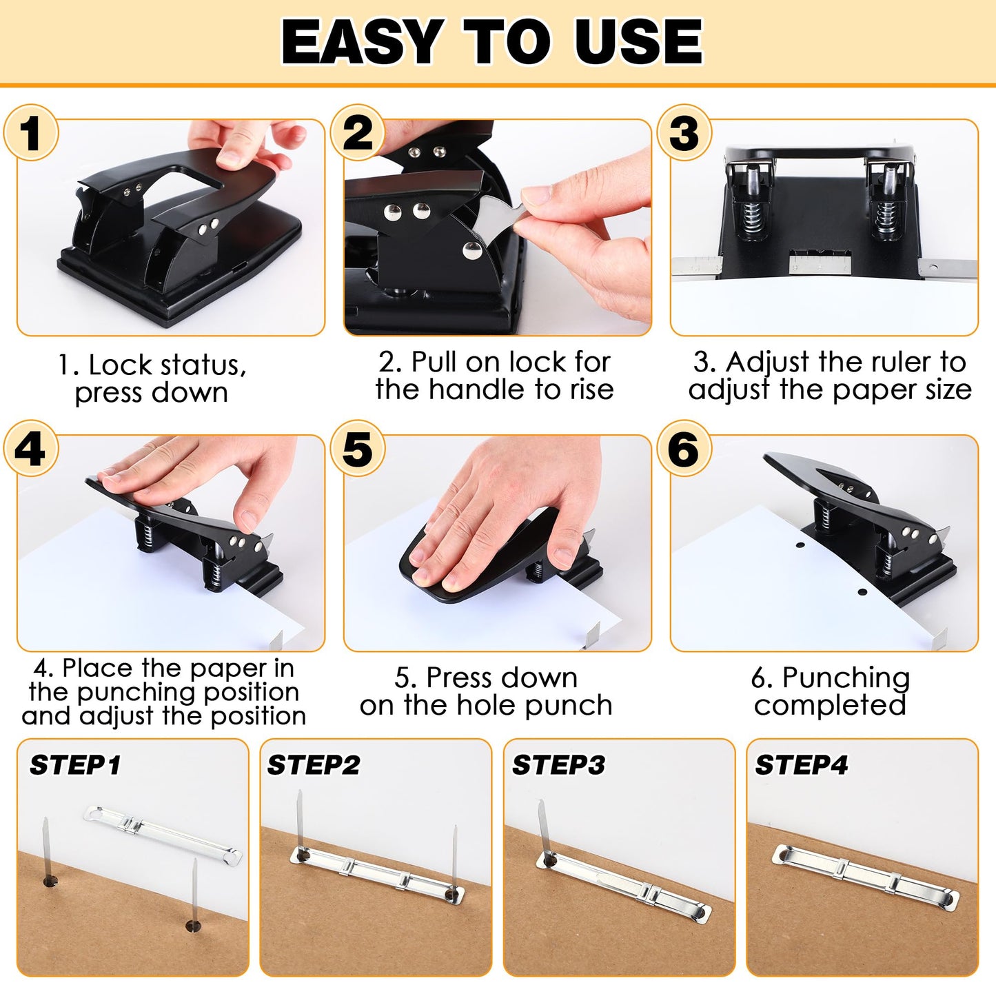 Dreyoo Heavy Duty 2 Hole Punch with 50pcs Paper Fasteners, Paper Two Hole Puncher and Metal Prong Fasteners Combo Set for File Folder, Padded Handle, 30 Sheet Capacity (Compressor)