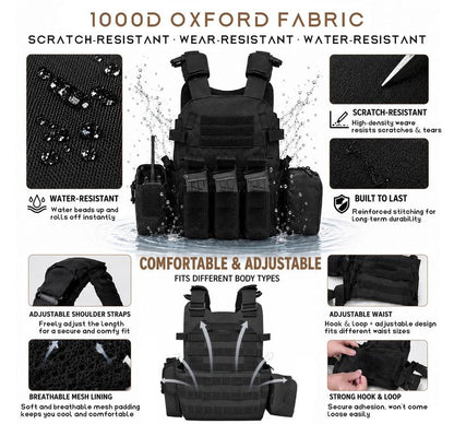 Veasunverse Tactical Vest for Airsoft & Paintball, Adjustable MOLLE Plate Carrier with Patch Panels for Hunting & Outdoor Training(Black)