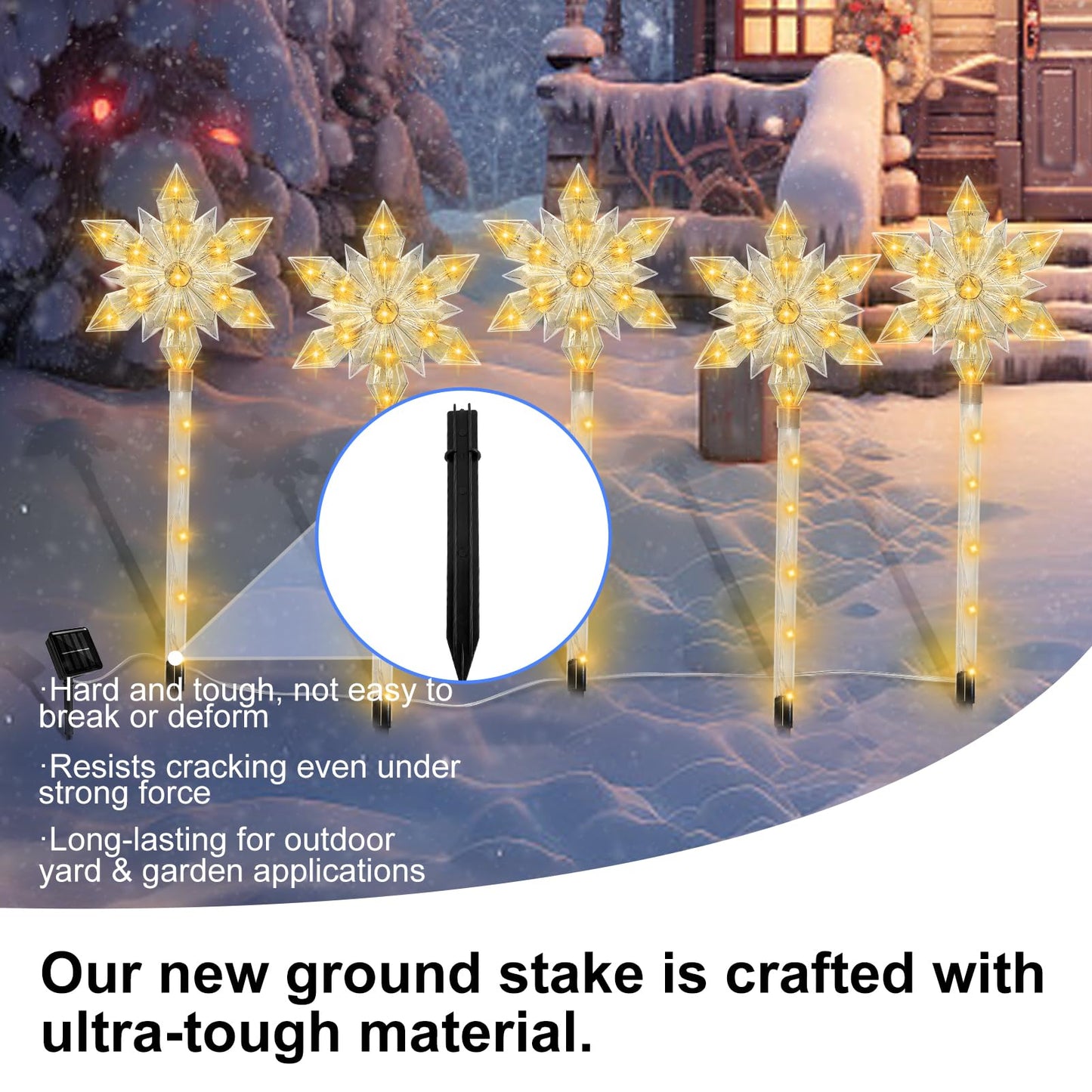 VOGVOG Snowflake Solar Christmas Pathway Lights, Set of 5 LED Outdoor Stake Lights, Waterproof Christmas Decorations for Garden, Yard, Lawn, Walkway, Patio Decor (Warm, 5pcs)