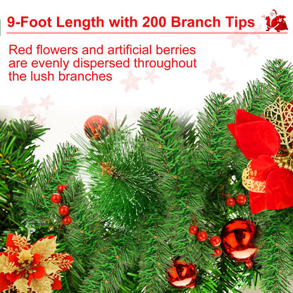 9FT Prelit Artificial Christmas Garland with Lights: Greenery Garland Decoration with 30 Warm LED Lights - Xmas Garland for Office Fireplace Mantle - Christmas's Day Indoor Outdoor Holiday (Garland3)
