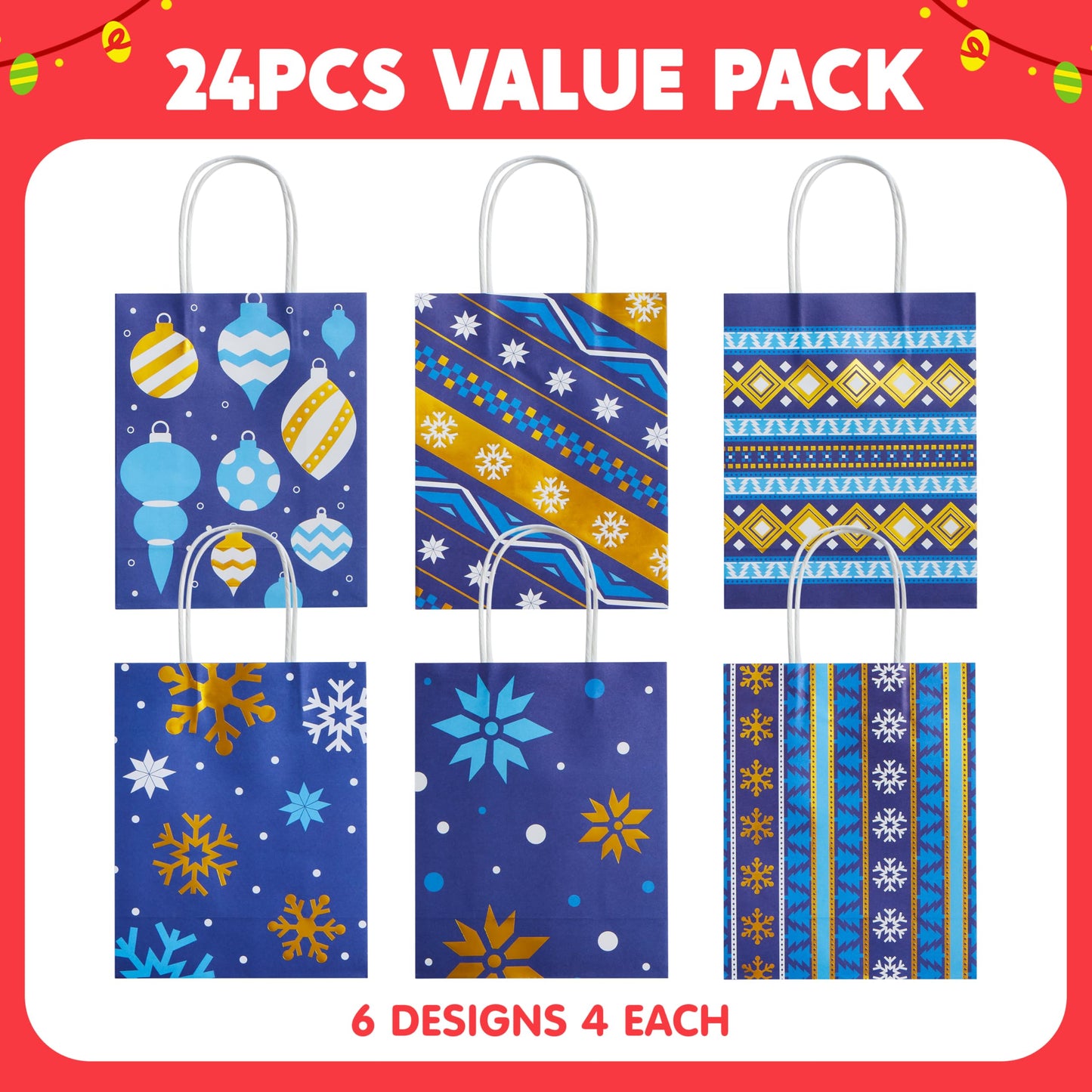 JOYIN 24 PCS Christmas Kraft Gift Bags Xmas Holiday Present Wrapping Paper Goody Bags with Handles for Classrooms and Wedding Decor, Party Favors and Decor Supplies (Blue, 9 x 7.3 x 3.3)