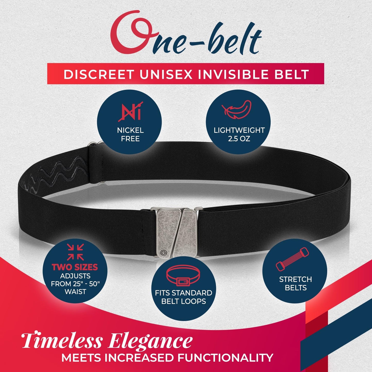 ONE-BELT No Show Invisible Elastic Belts for Women & Men 1.30" adjustable Non Slip No Buckle Bulge, Designed in USA.