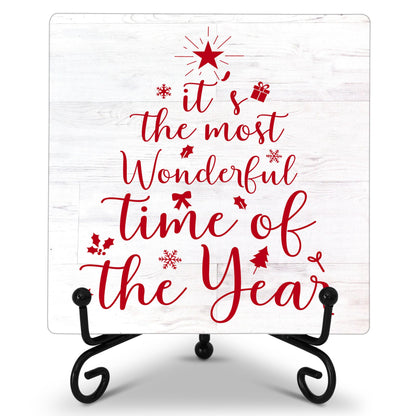 Cazhes Christmas Decorations for Home Bedroom Kitchen, Red Christmas Wooden Decor, 5x5 Inches Xmas Tree Sign with Iron Stand, Birthday New Year Gifts for Women-G09