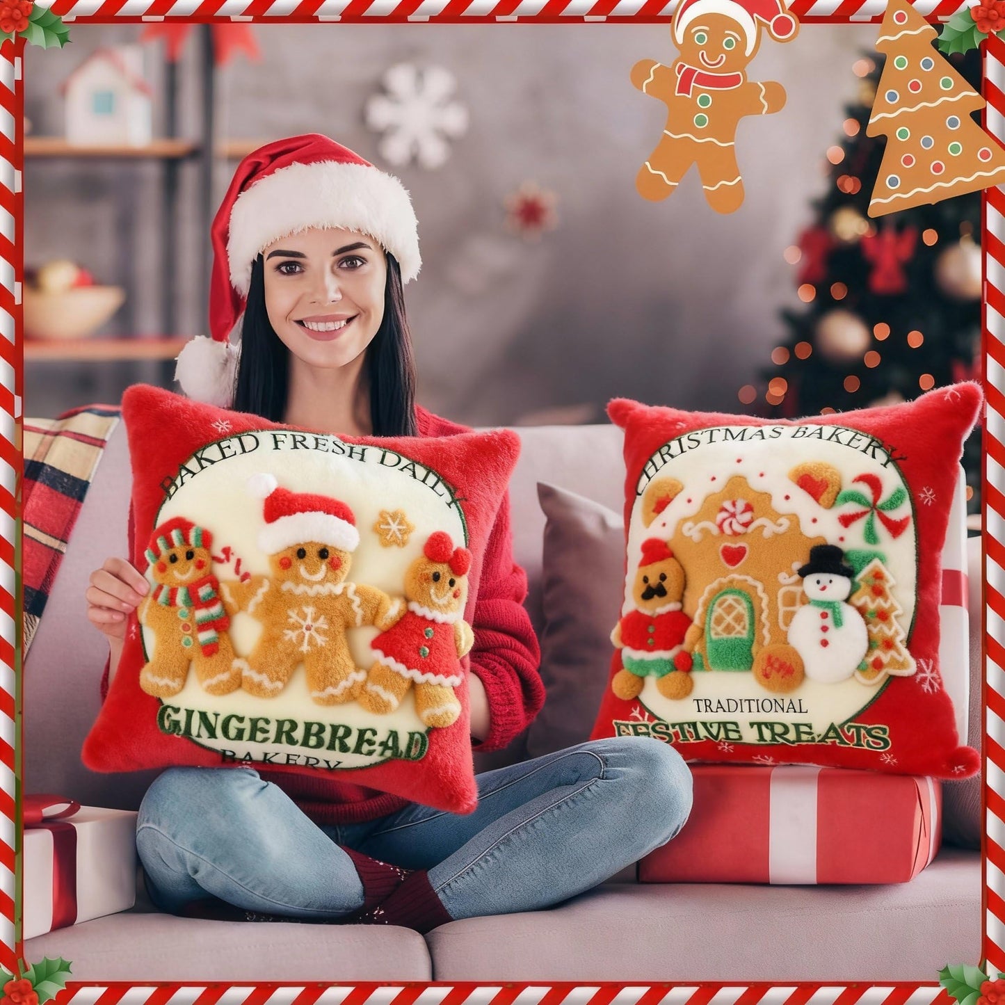 Hahafelt 2 Pcs Christmas Gingerbread Throw Pillow Covers 18x18 Inch 3D Embroidered Christmas Gingerbread Man Decorative Square Pillowcases Cushion Covers Soft Plush Faux Fur Wool Decor for Winter