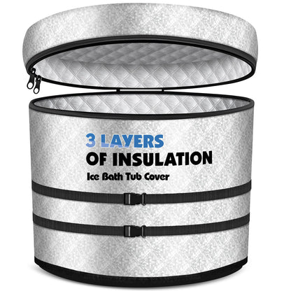 Ice Bath Tub Cover, 3 Layers Insulation and Silver UV Heat Reflective Cold Plunge Tub Cover with 2pcs Long Straps, Zip Up All Weather Protection, 32.5''D x 30.5''H