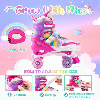 SULIFEEL Rainbow Unicorn 4 Size Adjustable Light up Roller Skates for Girls Boys for Kids Beginners Rollerskates Pink Large