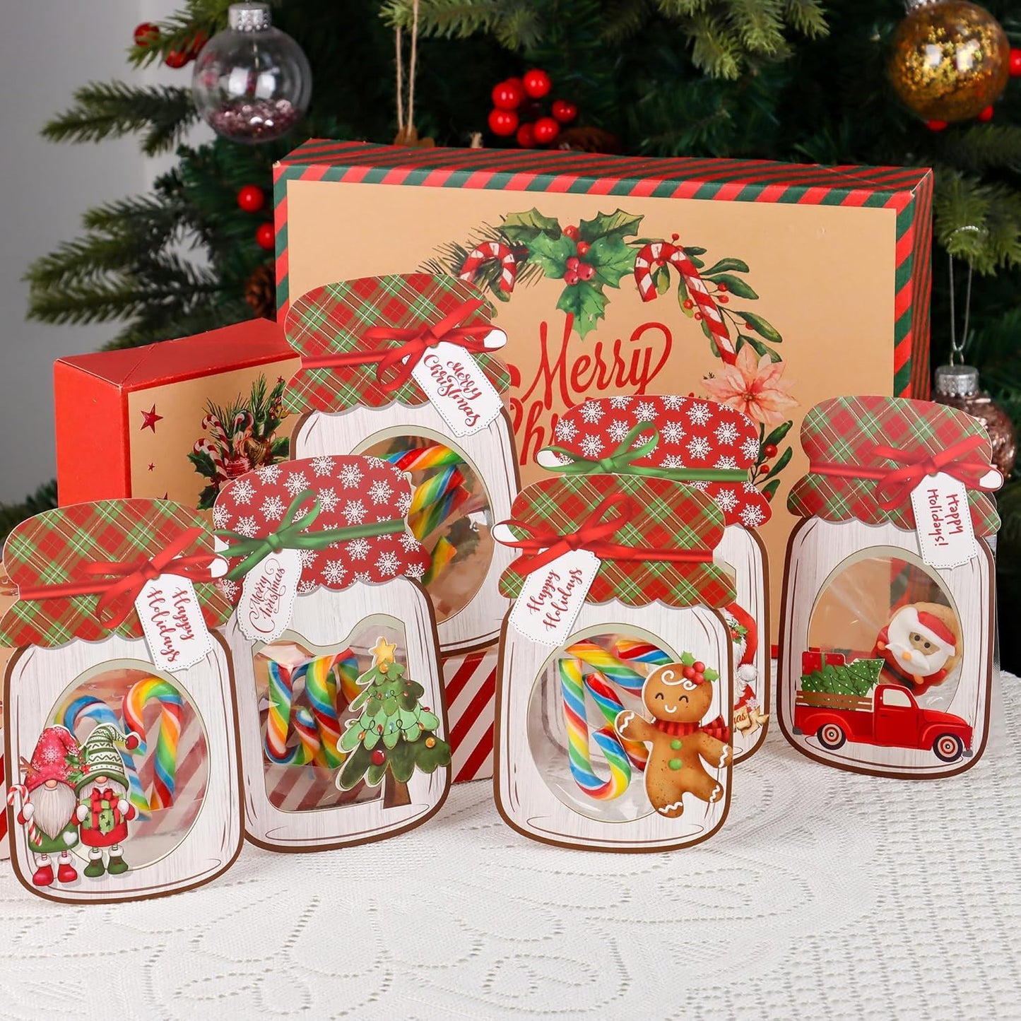 Giiffu Christmas Treat Bags with Cards 48-Pack, Mason Jar Goodie Bag for Kids, DIY Candy Holder for School Classroom Gift Exchange, Bulk Party Favors & Stocking Stuffers