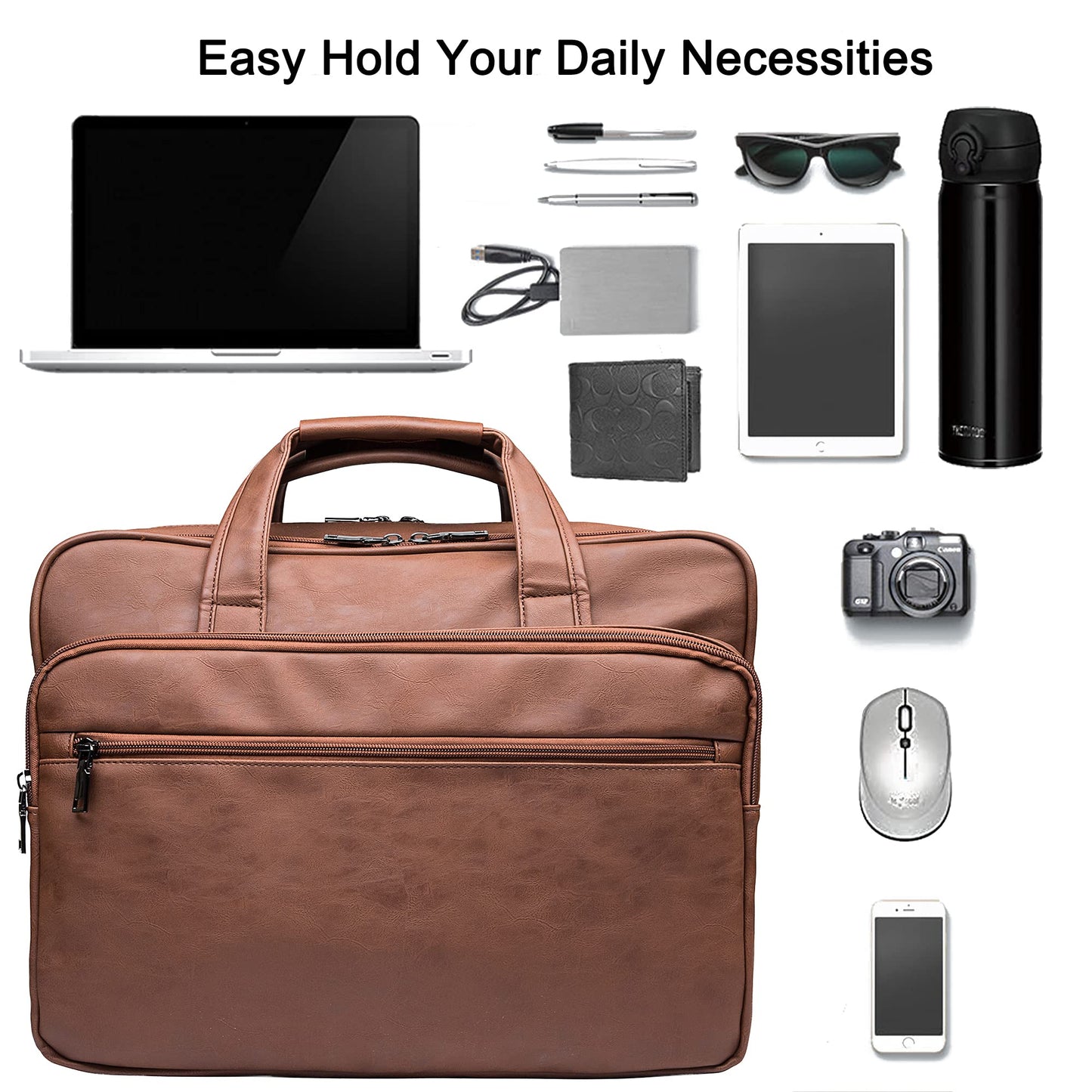 Leather Laptop Bag, Men's 15.6 Inches Messenger Briefcase Business Satchel Computer Handbag Shoulder Bag Fits 15.6 Inch Laptop, Computer, Tablet Brown
