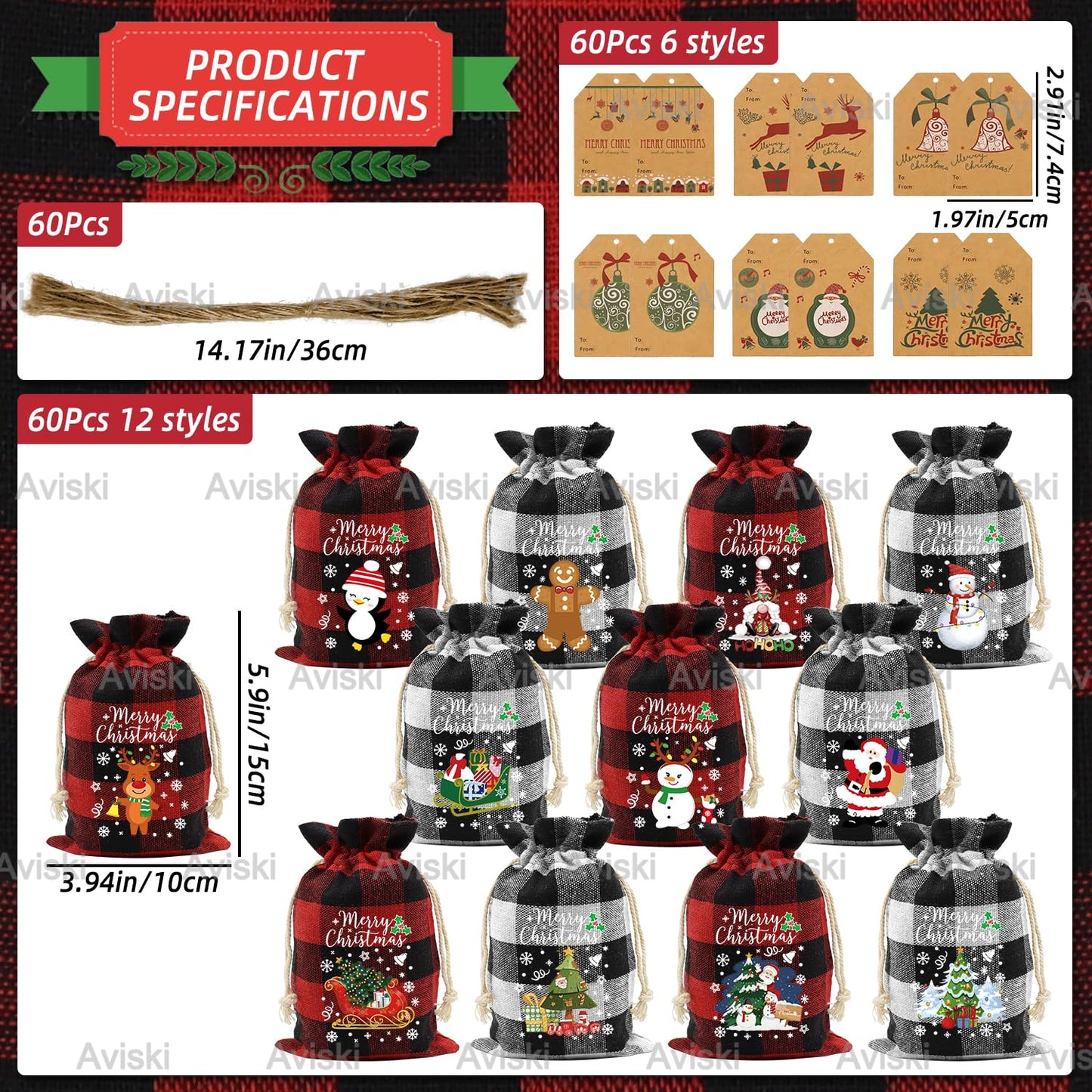 Aviski 60PCS Cotton Small Christmas Drawstring Candy Treat Bags Buffalo Plaid Xmas Xmas Christmas Fabric Goody Gift Sacks Reusable Gift Wrapping Bags Holiday Party Favors - Red/White