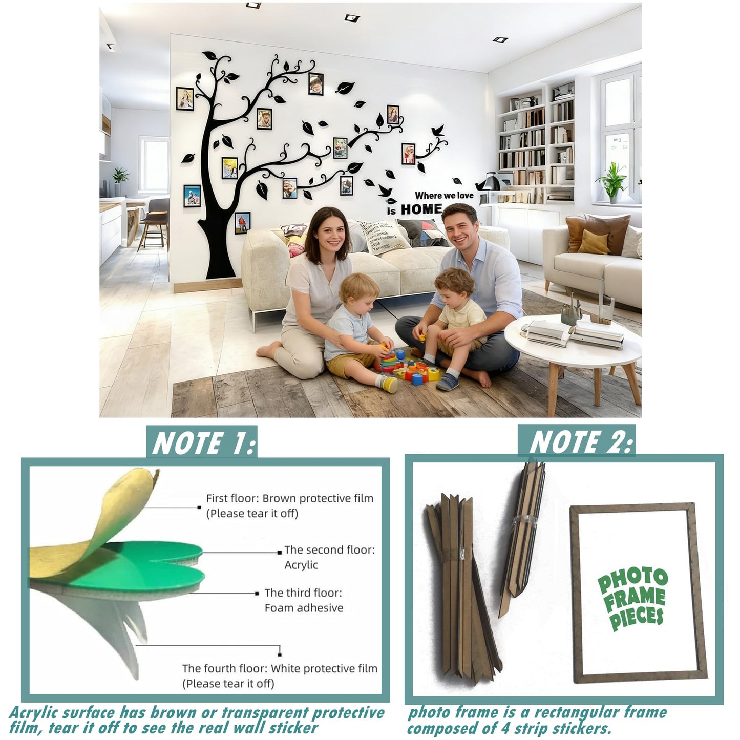 3D Tree Wall Stickers - DIY Photo Frame Tree Wall Decal Family Photo Frame Sticker Murals Wall Decor Living Room Bedroom TV Background Home Decorations (S:54 * 39in,Black Right)