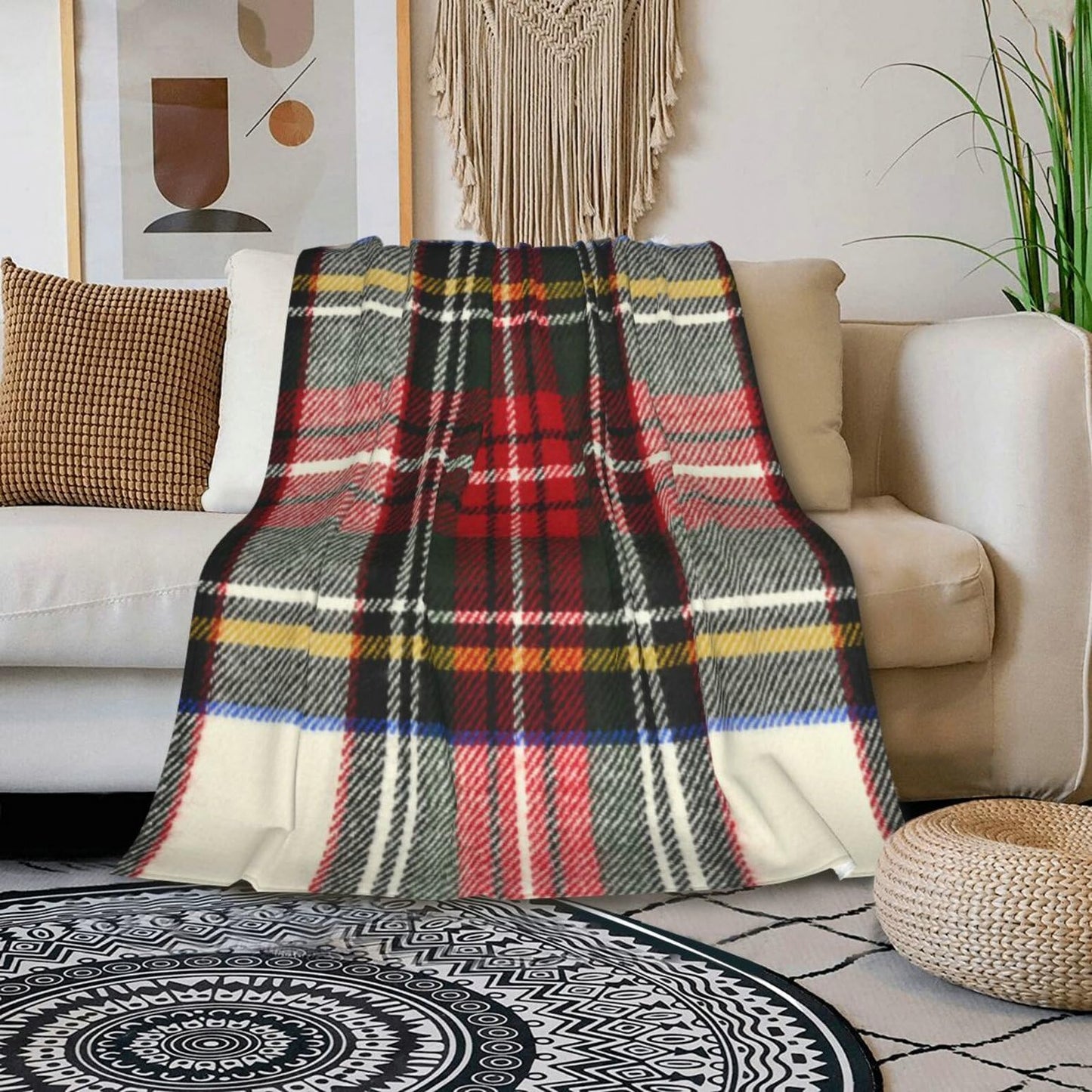HGOD DESIGNS Scottish Tartan Red and White Wool Plaid Pattern Flannel Fleece Bed Blanket Throw Blanket Lightweight Cozy Plush Blanket for Bedroom Living Rooms Sofa Couch 50"x60"