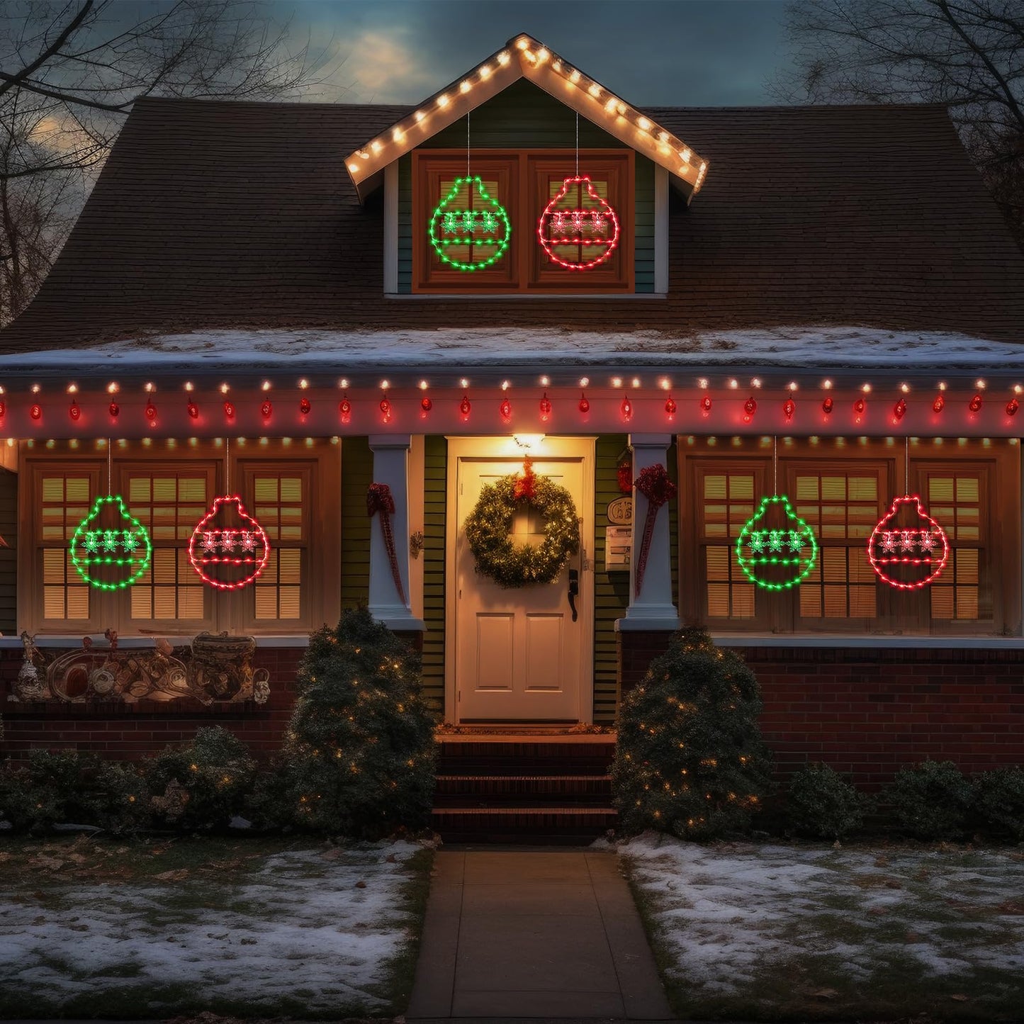 Hiboom 2 Pcs Christmas Window String Lights Decorations, 8 Modes Giant Green and Red LED Christmas Ball Window Lights with Snowflake, USB Powered and Remote Timer for Xmas Indoor Party Decor