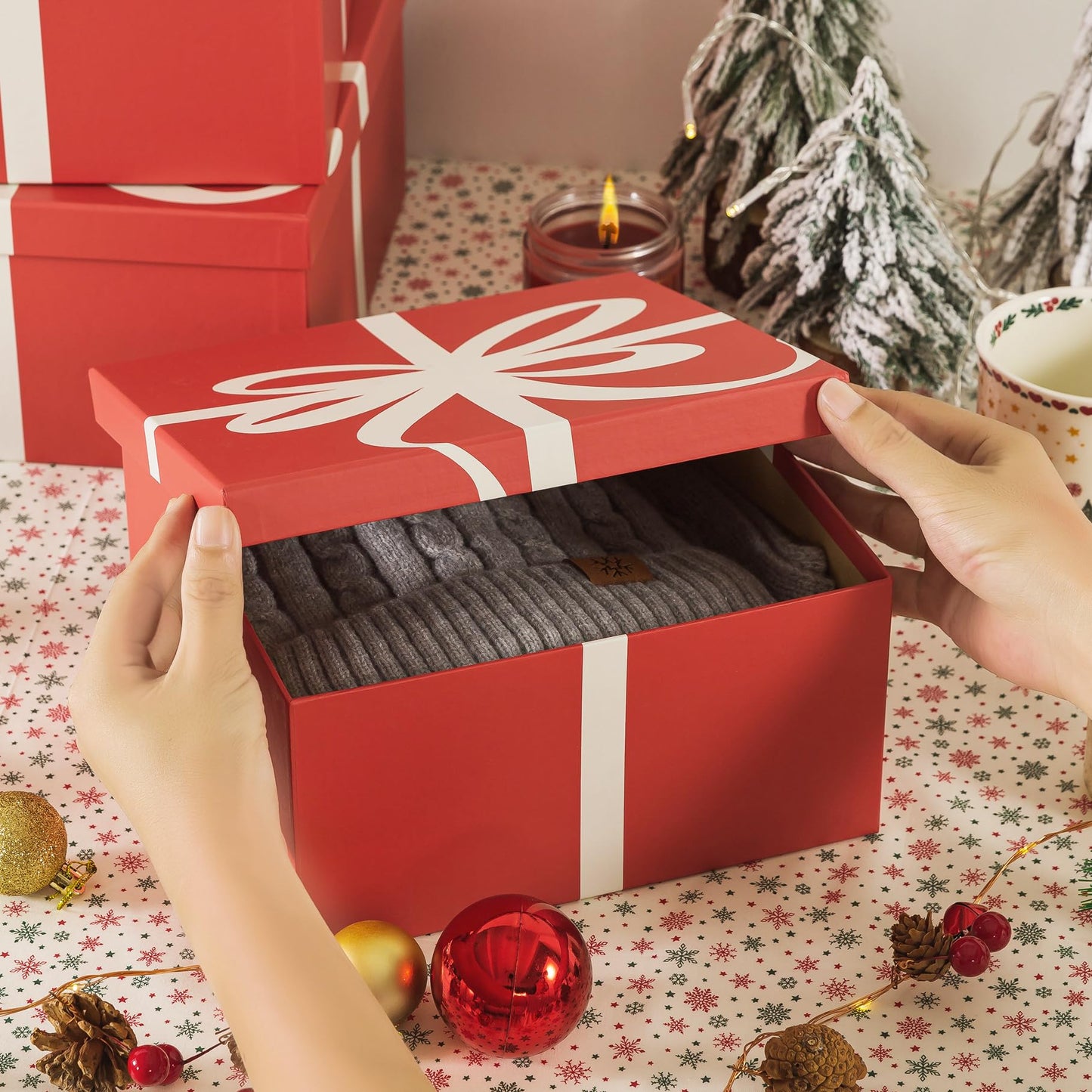 Soul & Lane Christmas Square Decorative Boxes with Lids - Set of 4 - Festive Red, Reusable Large Nesting Holiday Gift Boxes for Presents and Décor