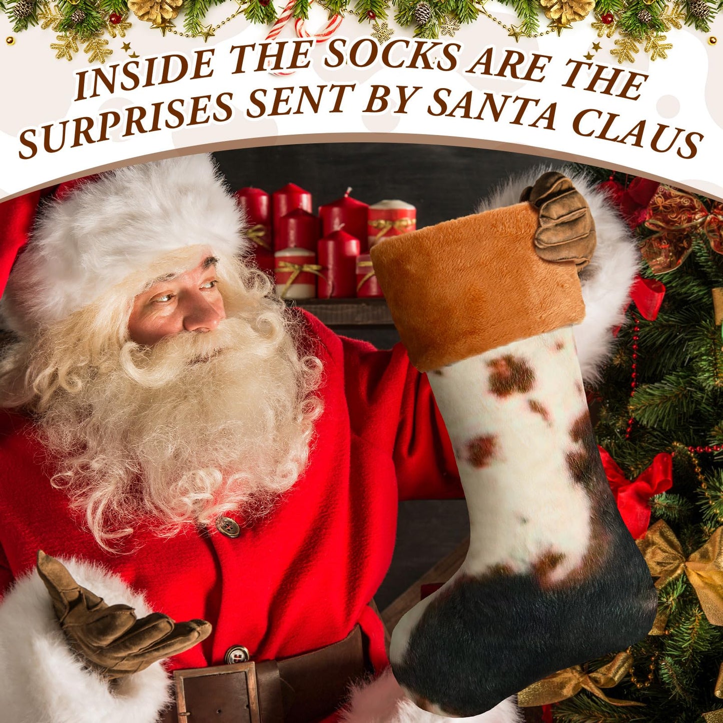 Glimin 6 Pack Cow Print Christmas Stockings 20 Inch Large Plush Xmas Animal Cuff Stockings Hanging Ornaments Socks for Western Fireplace Mantel Stairway Decorations(Brown Cuff)