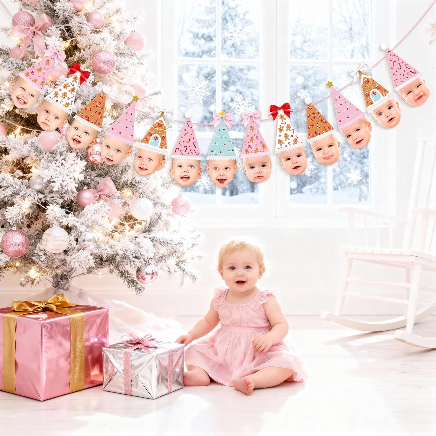 K KUMEED Custom Face Christmas Banner,Bow Birthday Photo Banner from Newborn to 12 Months Gingerbread Christmas Hat Theme Monthly Milestone Photograph Bunting Garland