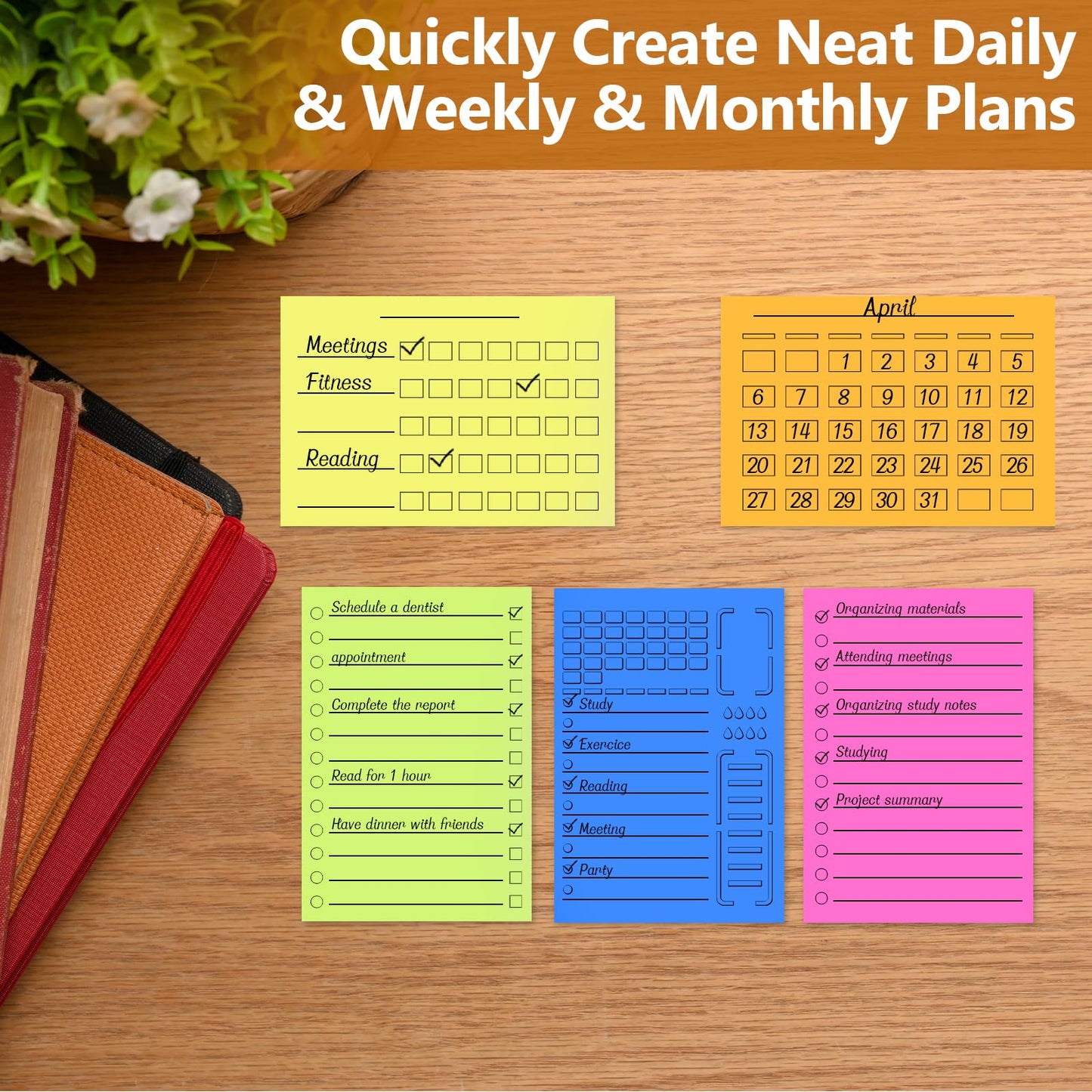 4" x 6" Sticky Notes Stencil and Holder Set with 5 Planner Stencils 100 Sheet Self-Stick Sticky Notes Black Acrylic Post It Note Stencil Holder Memo Organizer for Classroom Office Desk Organizer