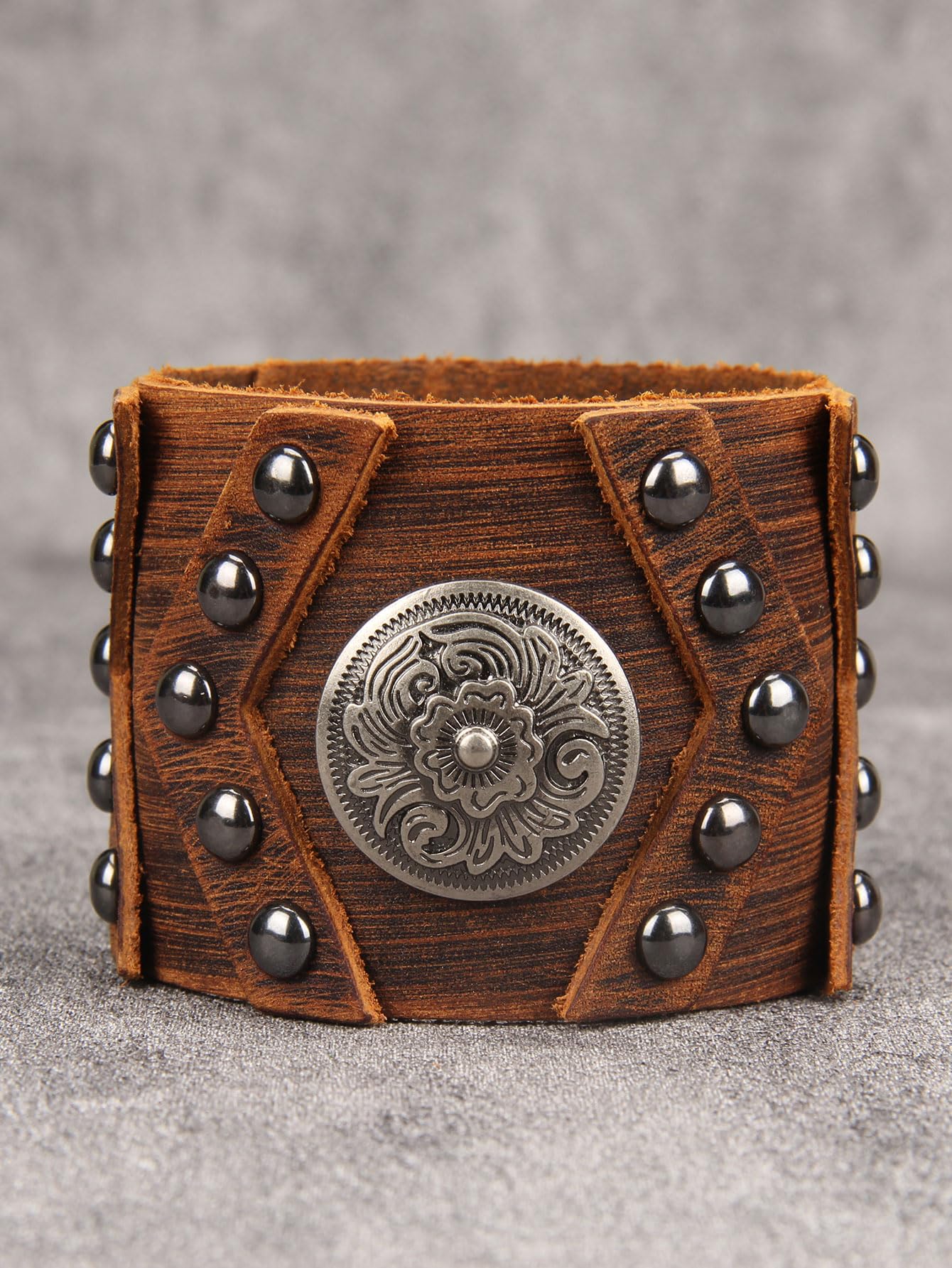 GelConnie Leather Cuff Bracelet Handmade Brown Leather Bracelets Studed Gothic Punk Mens Wrist Bracelet Wide Wristband