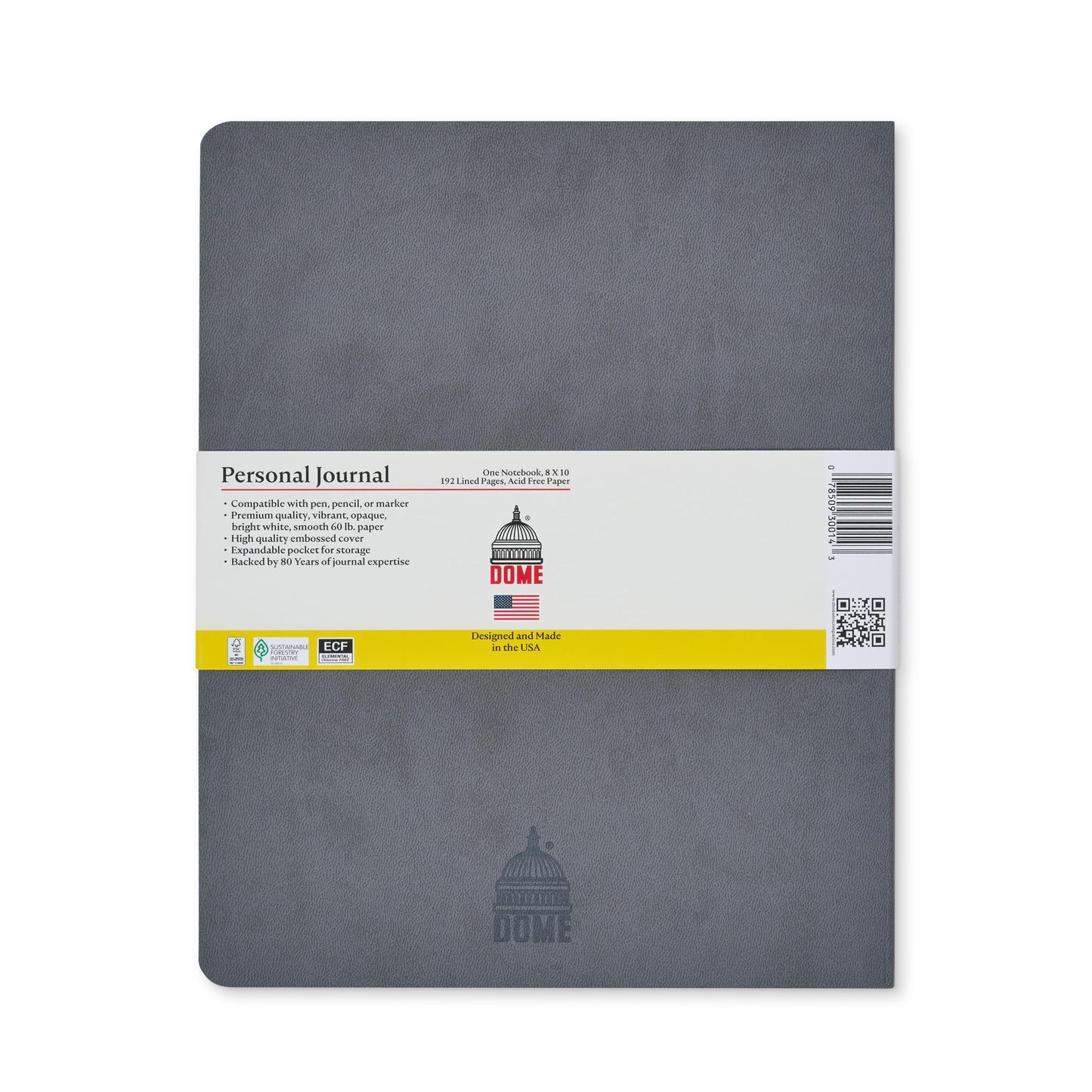 DOME Personal Journal – 8 x 10 Inch Softcover Lined Journal Notebook, 192 Pages, Grey Premium Acid-Free 60-lb Thick Paper, Inner Pocket, Made in USA