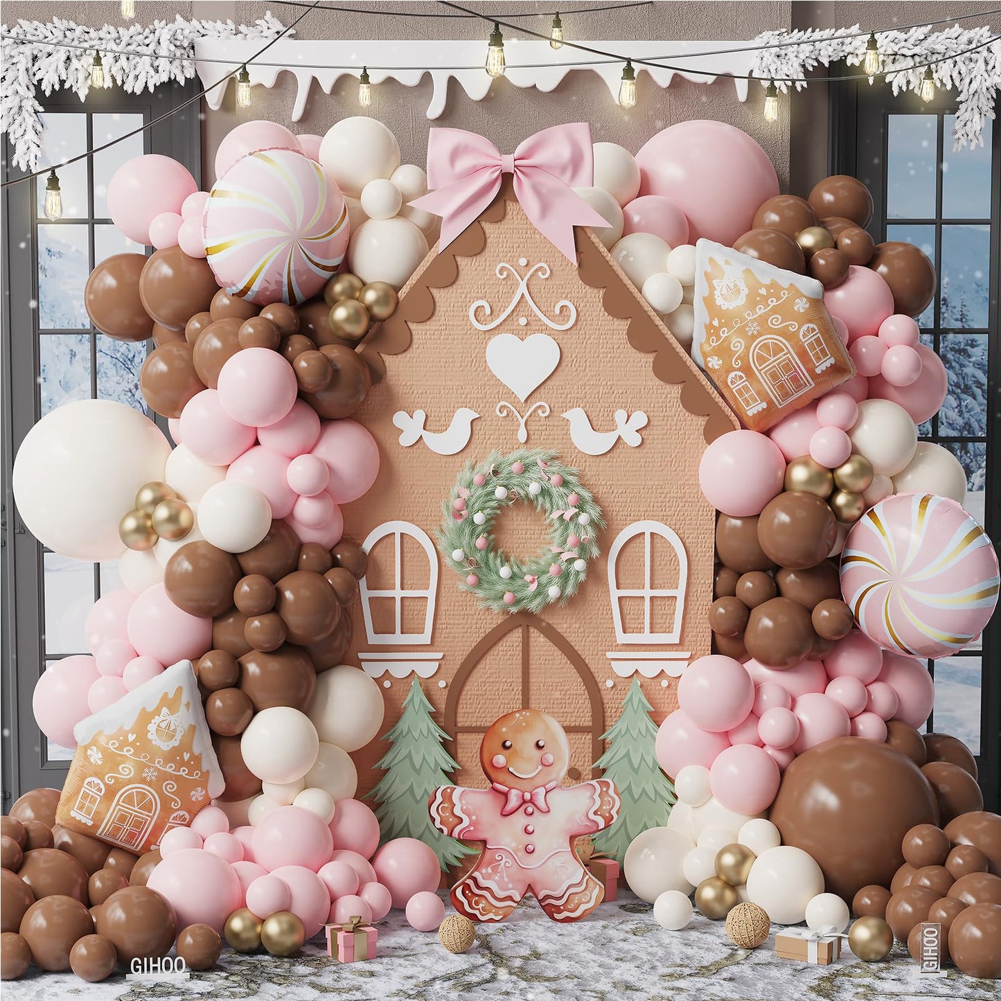 Gingerbread Balloon Arch Kit 147pcs Pink Brown Christmas Balloon Garland with Candy and Gingerbread House Mylar Balloon for Christmas Gingerbread House Candy Holiday Birthday Party Decorations
