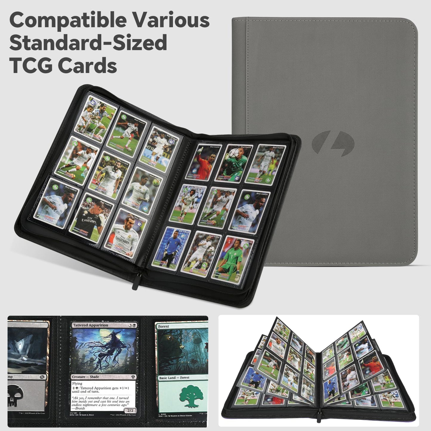Trading Card Binder, Premium 9-Pocket Double Sided 540 Pocket PU Card Collection Binder, Collectible Trading Card Albums for MTG, TCG, Sports Cards (Grey)