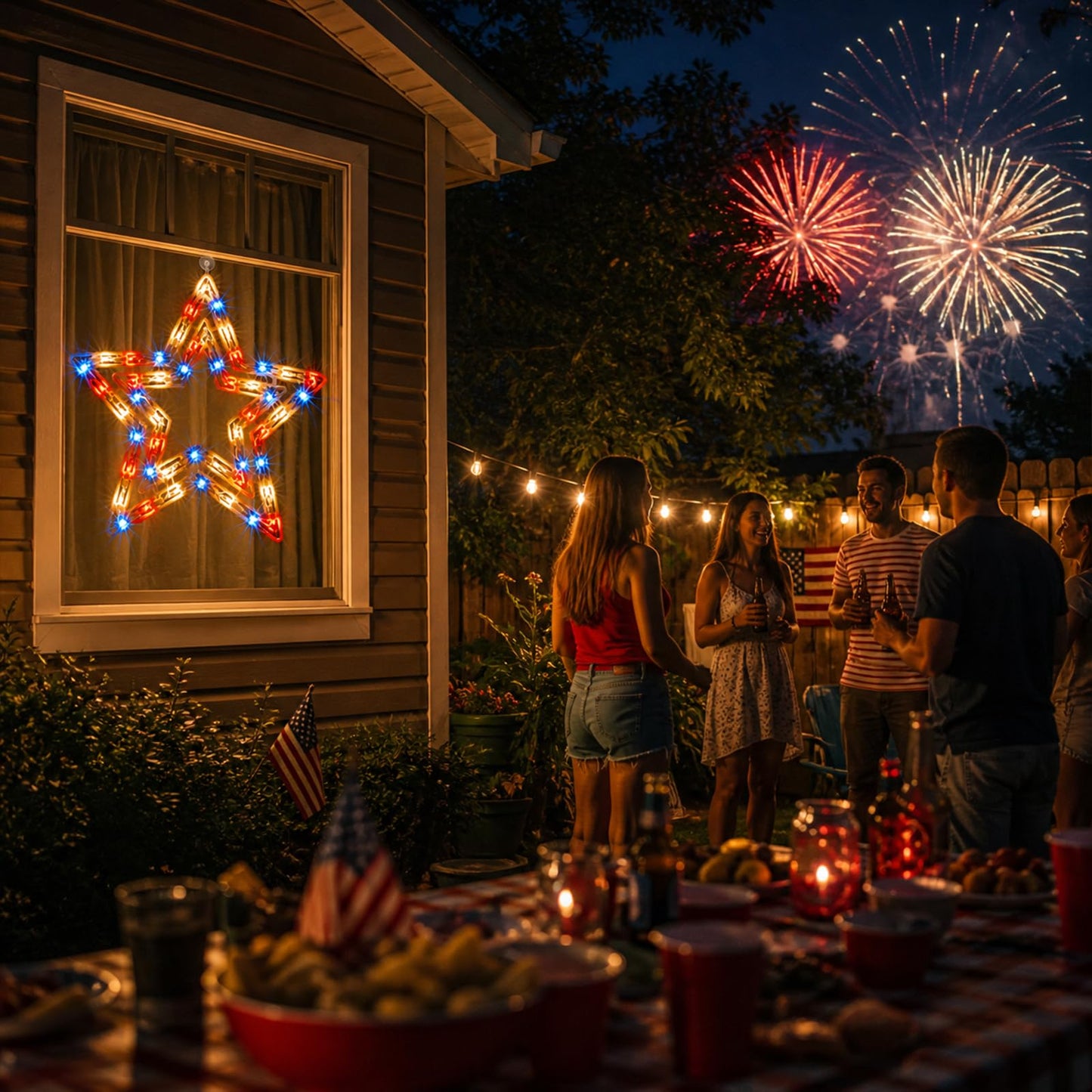 GLOWNOVA 50 Lights Lighted Red White and Blue 4th of July Star Window Silhouette Decoration