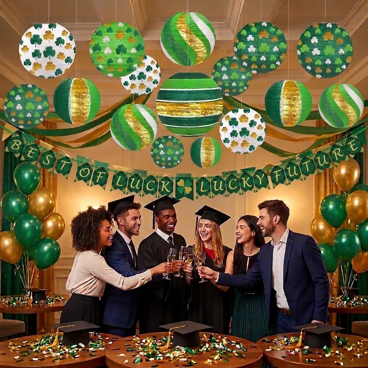 ADLKGG 12 PCS Lucky Green Paper Lanterns, 8" Hanging Clover Decorations for Garden Party, Casino Night, The Lucky One Baby Shower, Irish Wedding & Spring Events, St. Patrick's Day