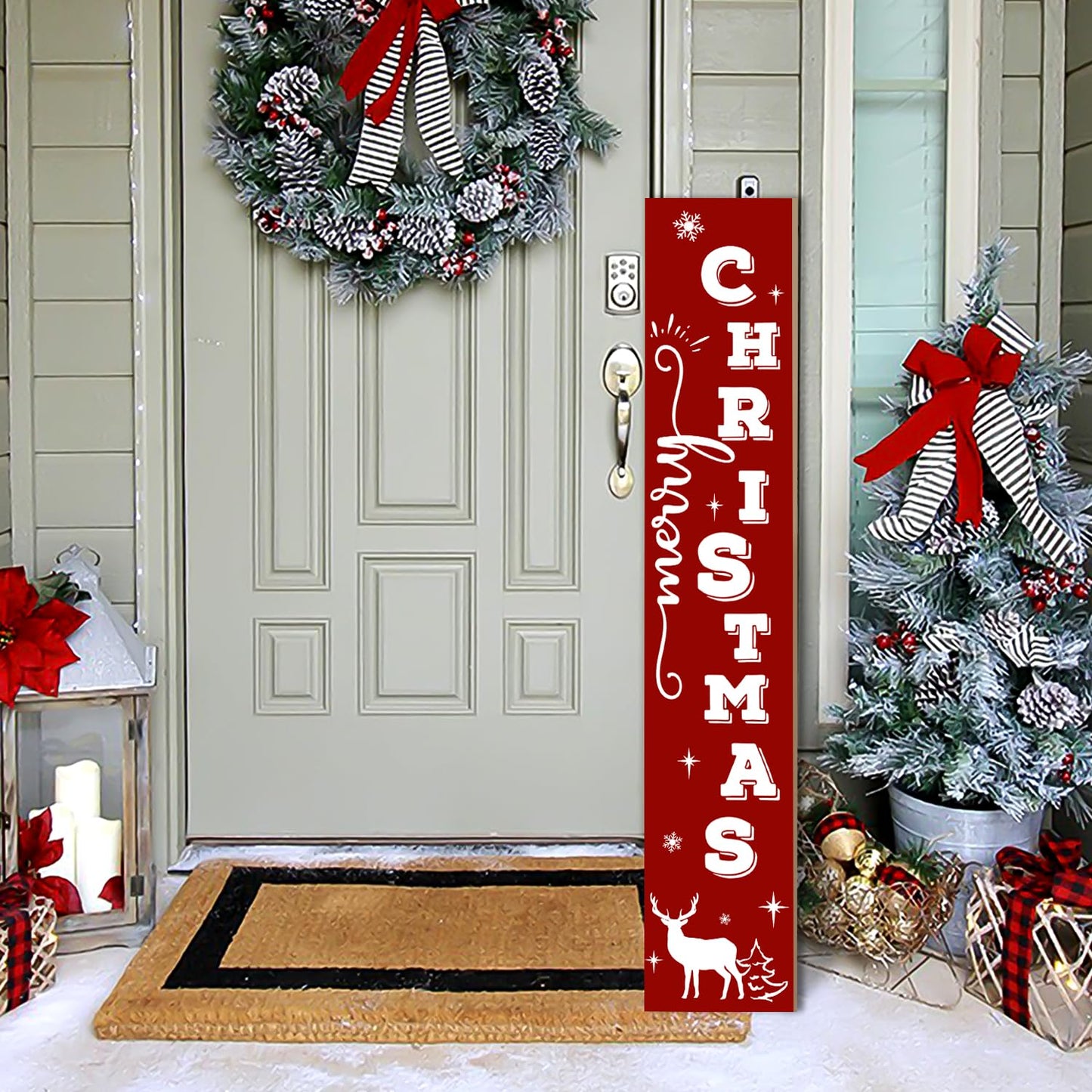 Merry Christmas Wooden Welcome Sign Vertical Porch Sign - Reindeer Snowflake Forest Wooden Wall Art Sign - Christmas Hanging Signs Decorations for Front Door Wall Display，47.2" H