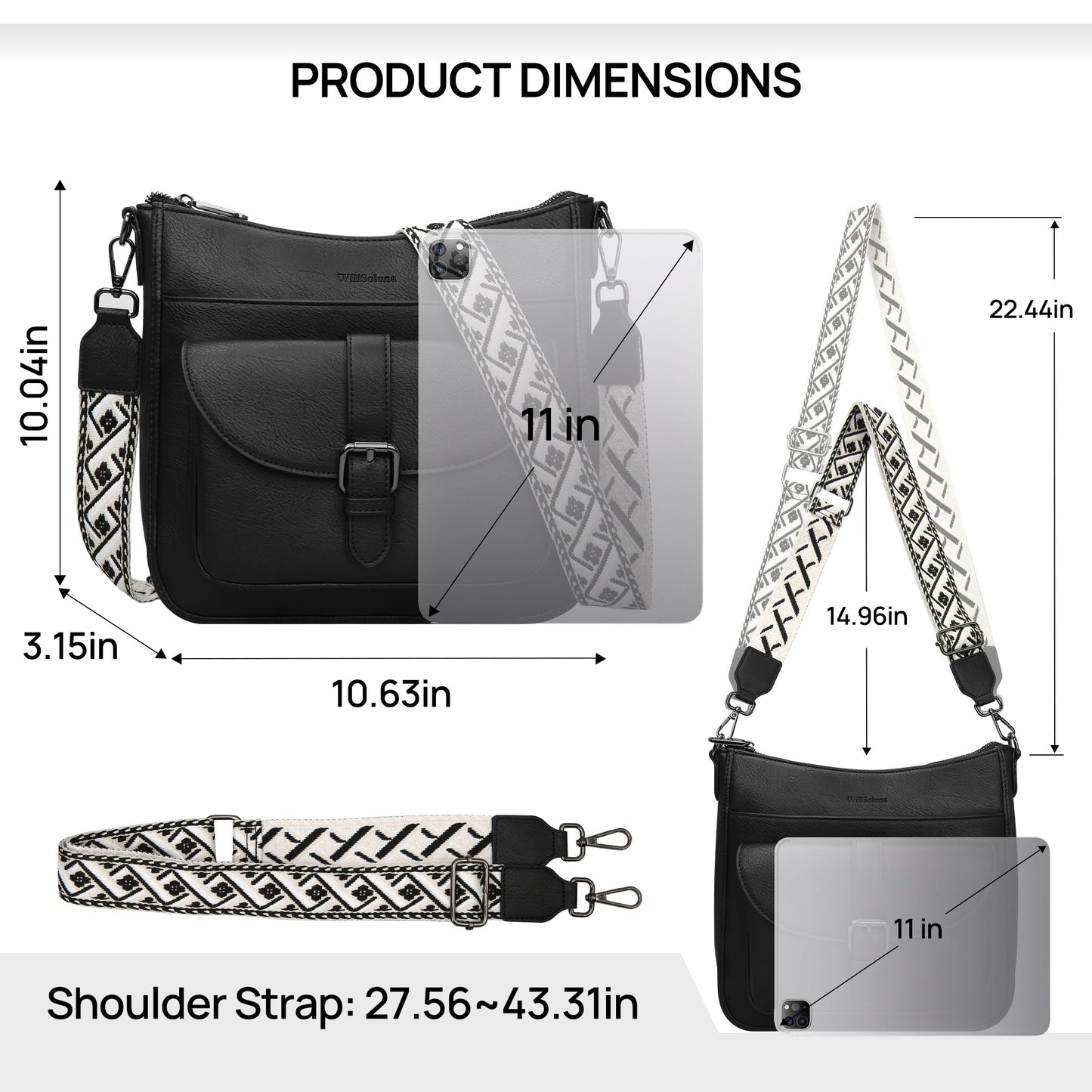 WILLSOLUNA Crossbody Bags for Women Leather Purses Medium Hobo Shoulder Handbags Anti Theft Travel Purse with Wide Strap(Black)